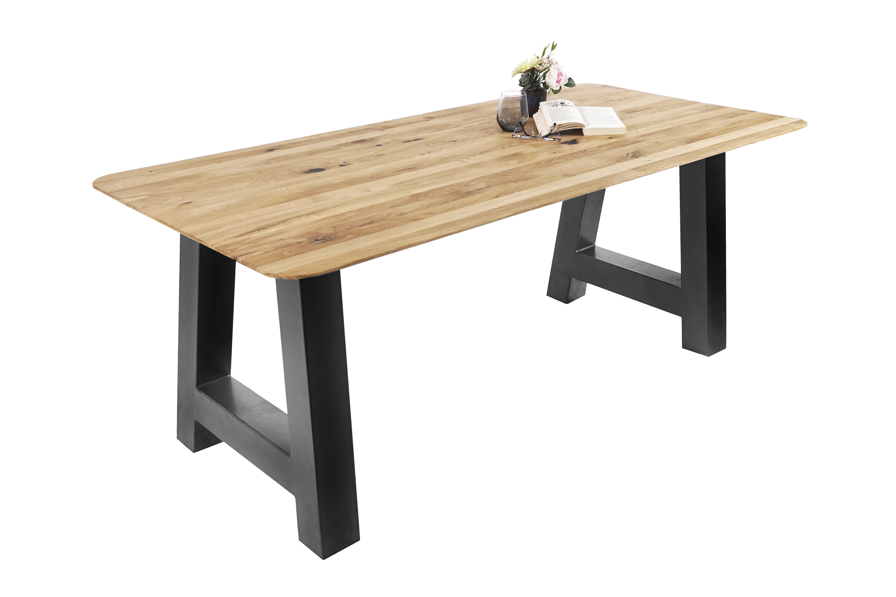 Esszimmertisch Schweizer Kante rund massiv & geölt Eiche 160x85 schwarz A-Gestell Lotte
