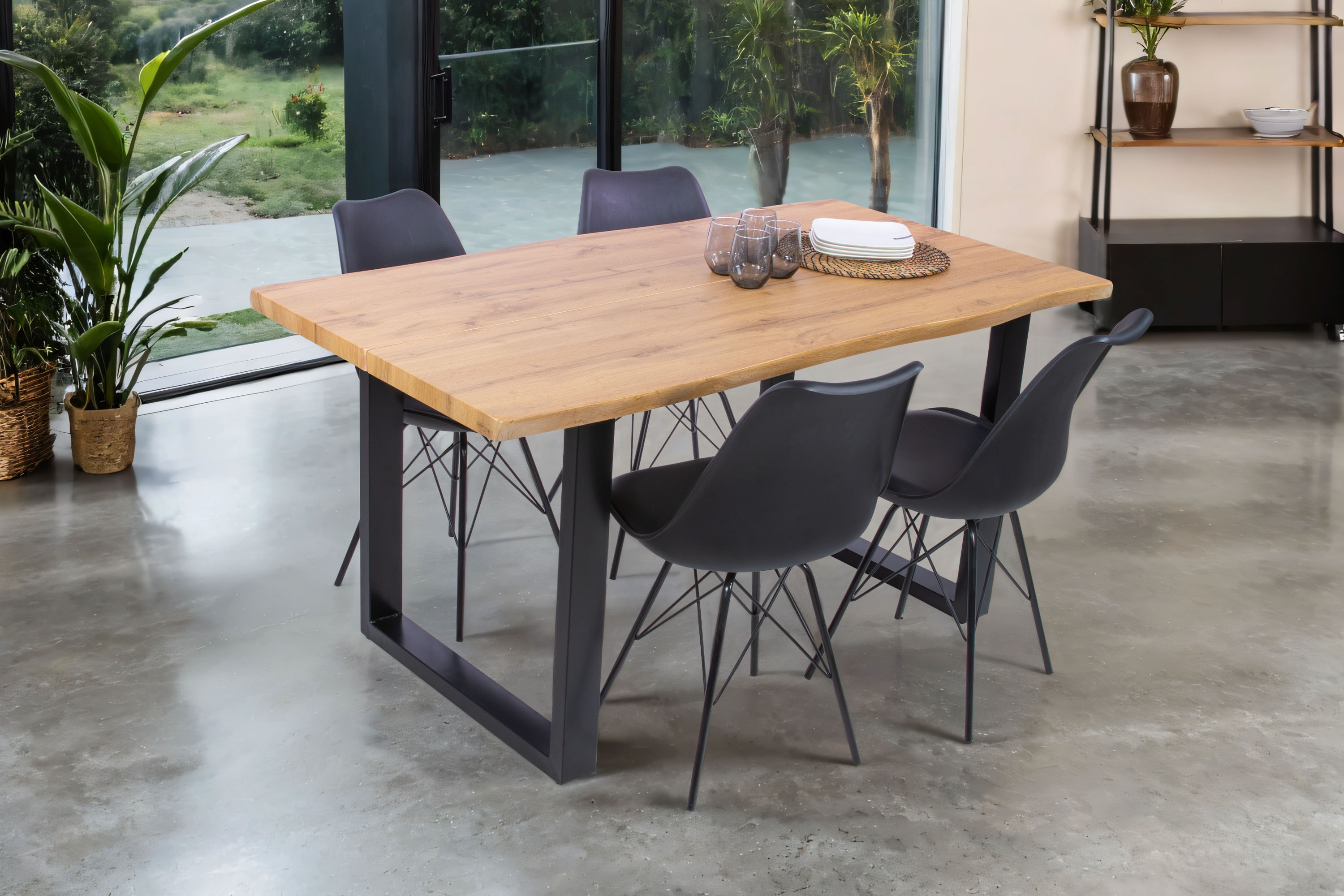 Esstisch Baumkante Holz-Optik Wildeiche 160 x 85 U-Gestell schwarz DUA