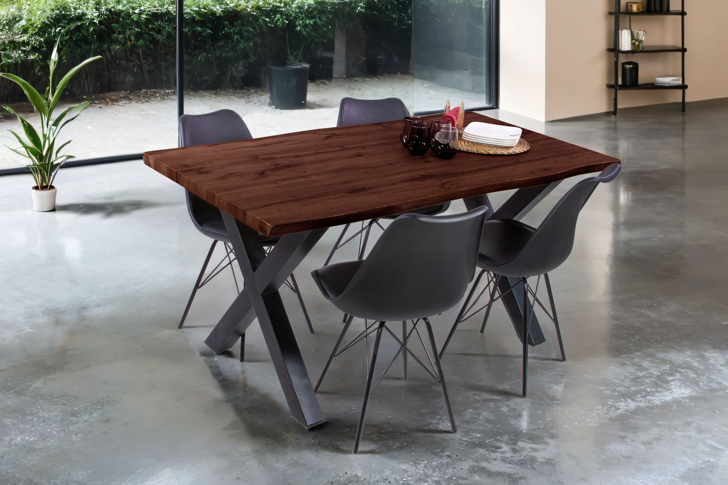 Esstisch Baumkante Holz-Optik Nussbaum 160 x 85 X-Gestell schwarz JOSY