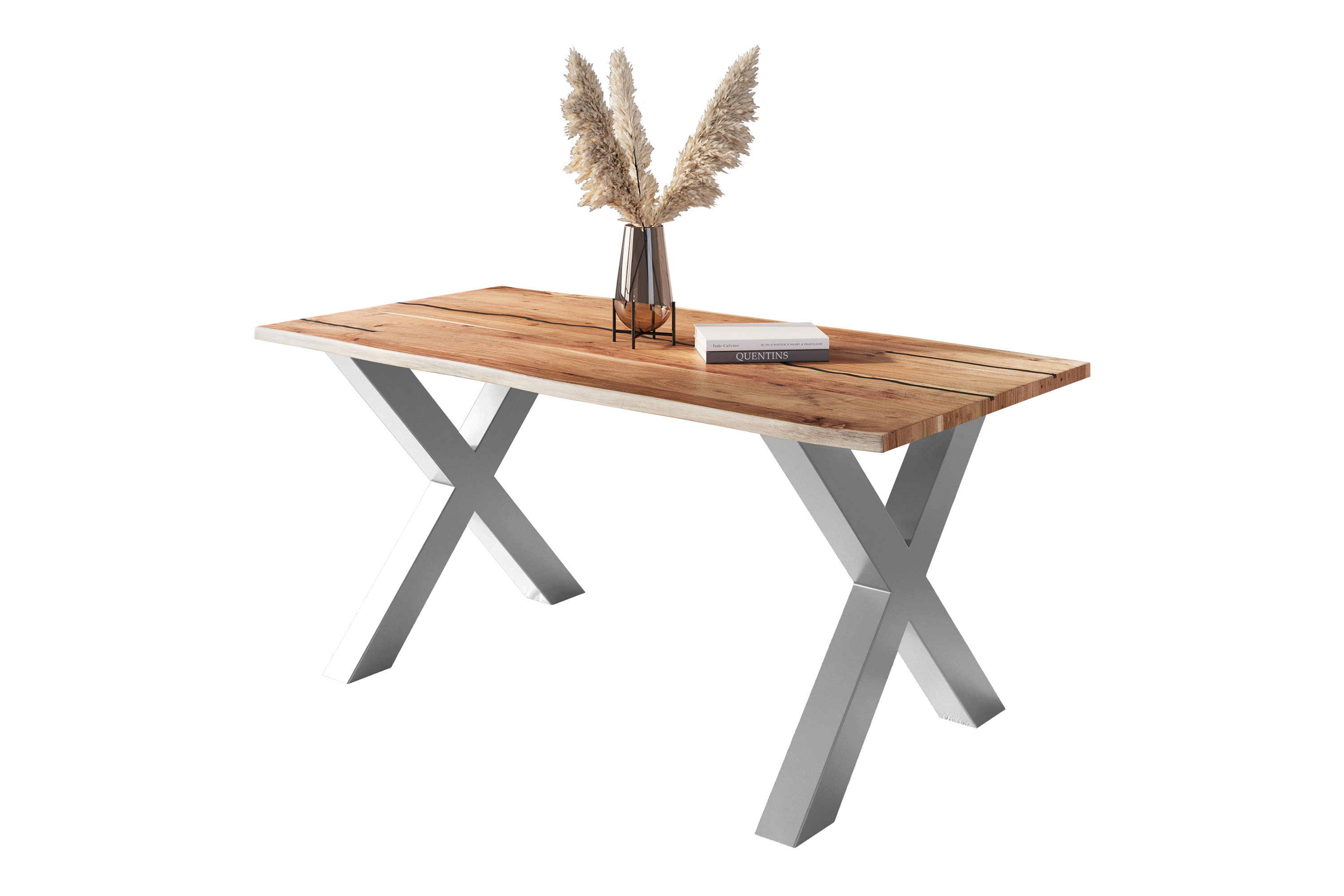 Baumkantentisch Akazie mit schwarzen Resin-Adern naturfarben 160 x 85 cm X-Gestell silber POLLY