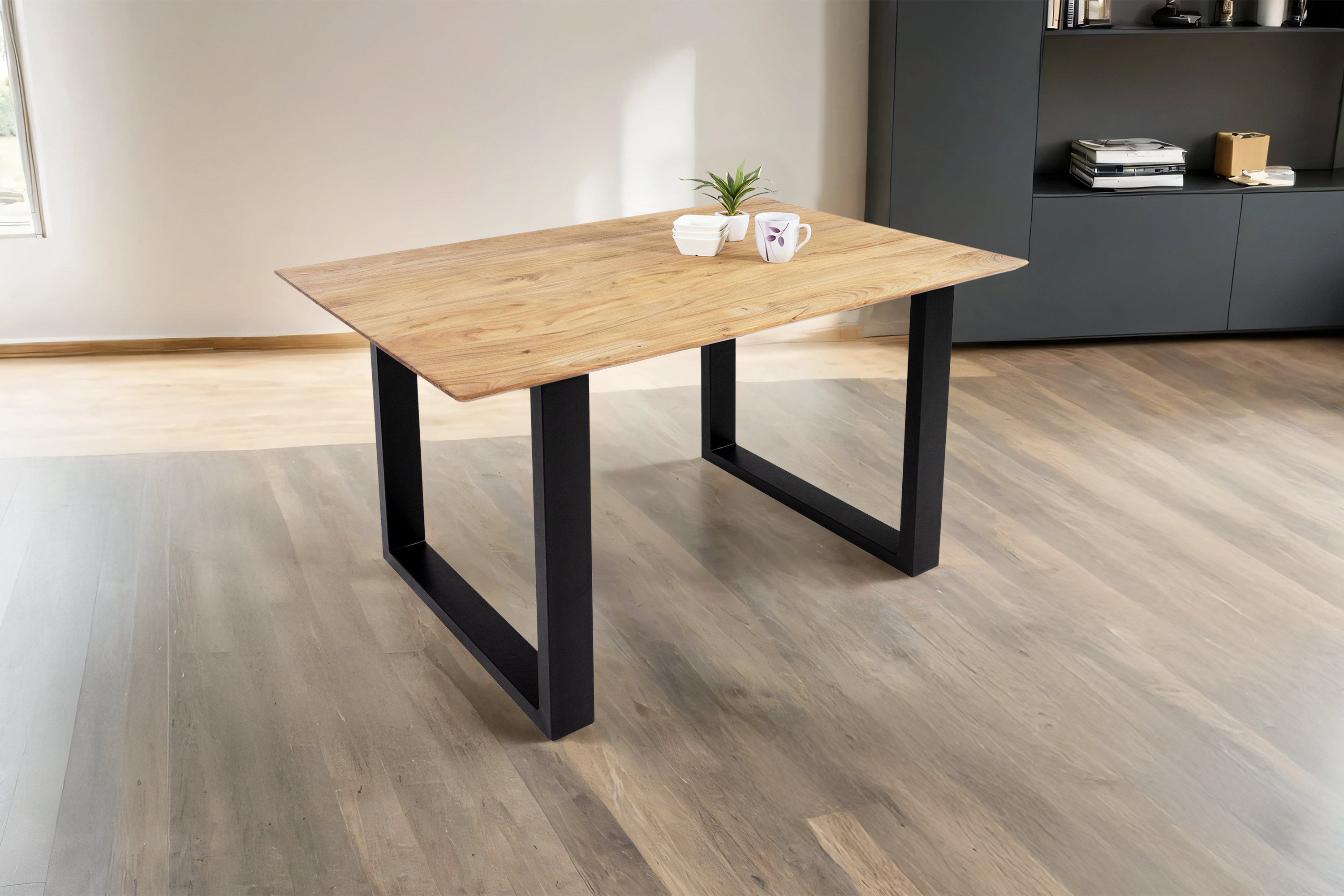 Esstisch 160x85cm Akazie massiv eichenfarben schweizer Kante U-Gestell schwarz DEAN