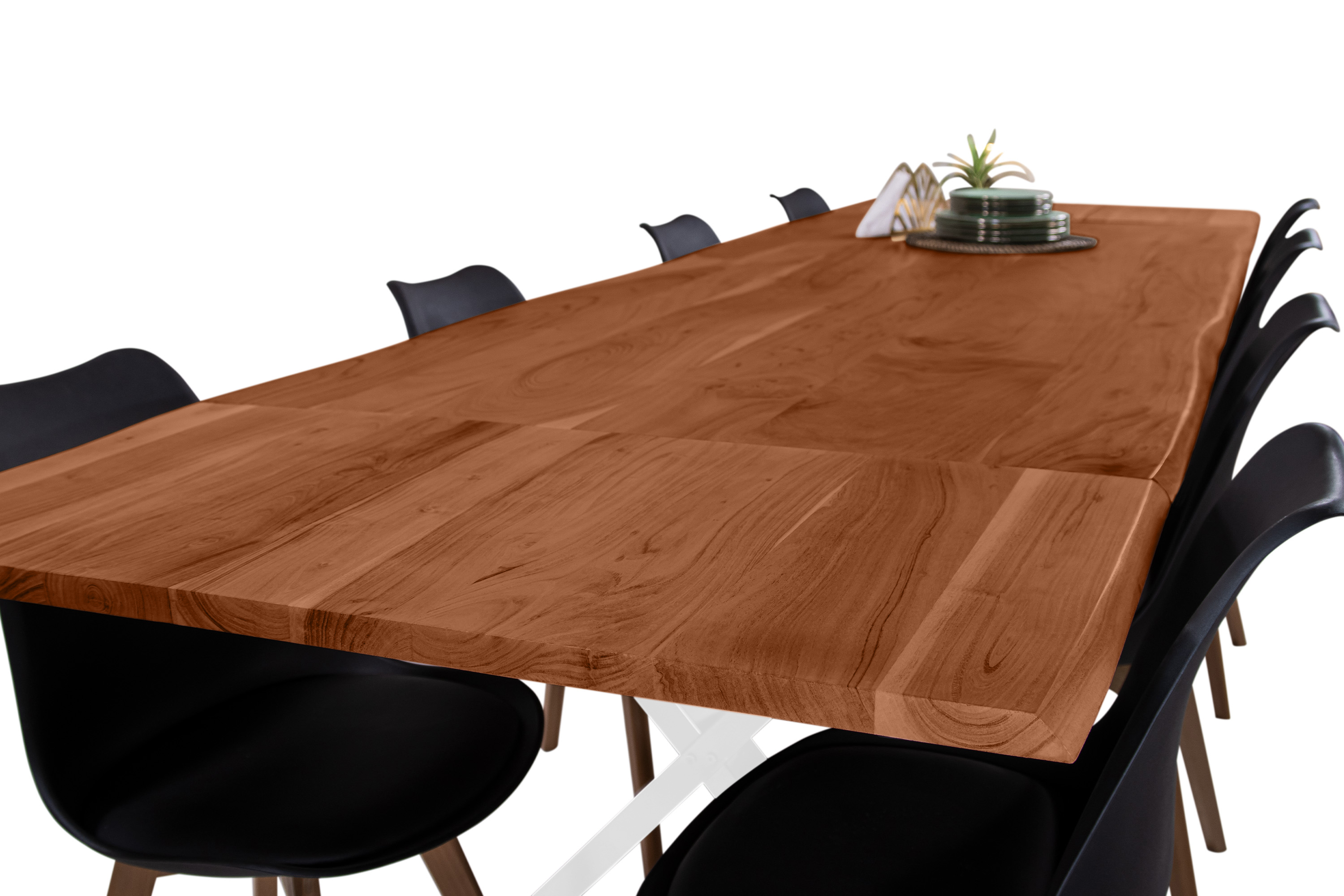 Esstisch Baumkante Akazie nuss 200(300)x100 Ansteckplatten X-Gestell weiß AVINO