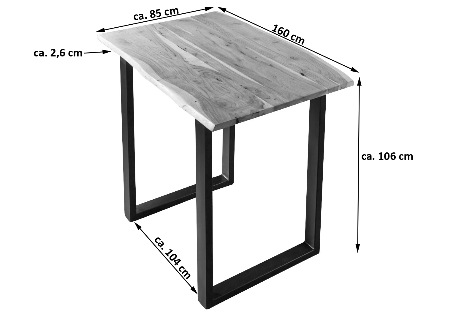  Bartisch Baumkante massiv Akazie natur 160 x 85 schwarz Quebec