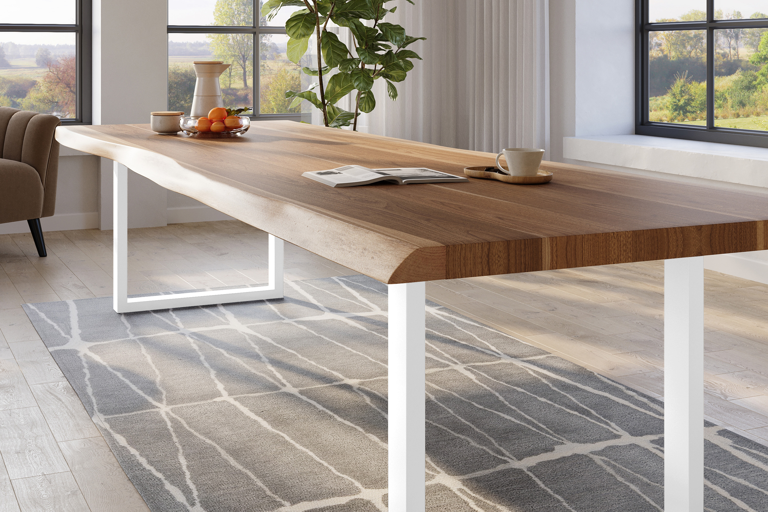 Esstisch Baumkante massiv Akazie natur 320 x 120 U-Gestell Metall weiß TITAN
