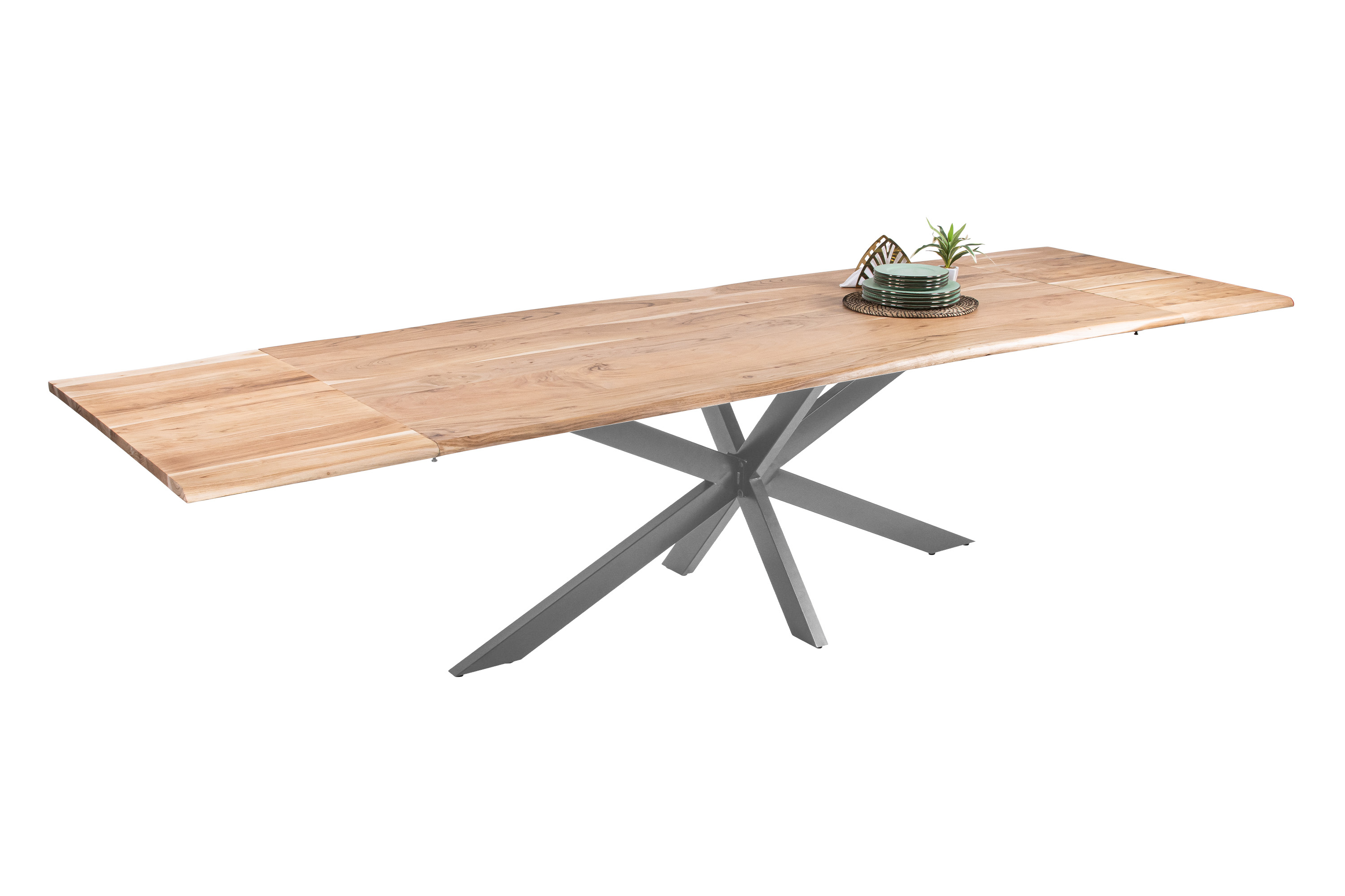 Esstisch Baumkante Akazie natur 220(320)x100 Ansteckplatten Spider-Gestell silber AVINO