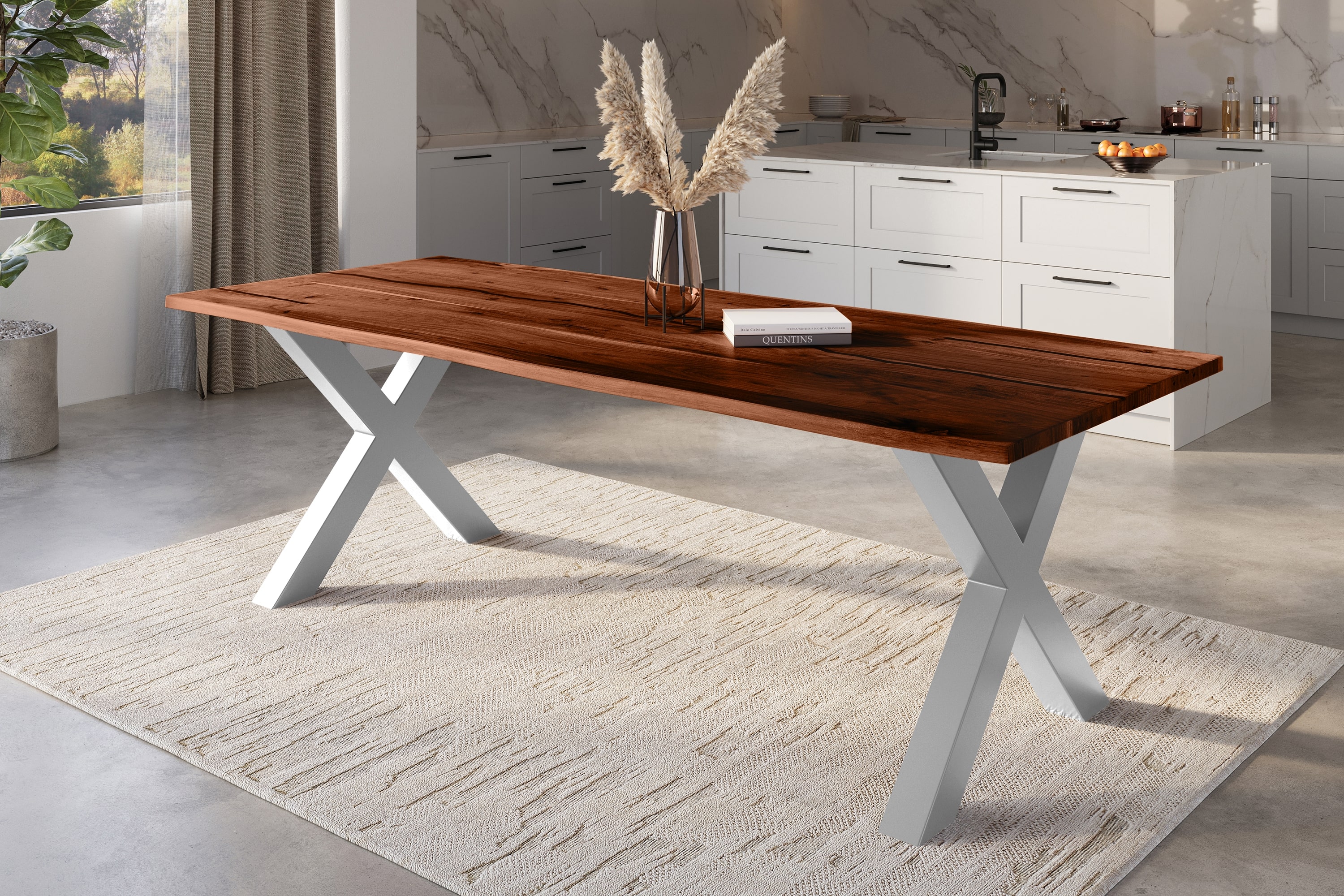 Baumkantentisch Akazie mit schwarzen Resin-Adern nussbaumfarben 280 x 100 cm X-Gestell silber POLLY