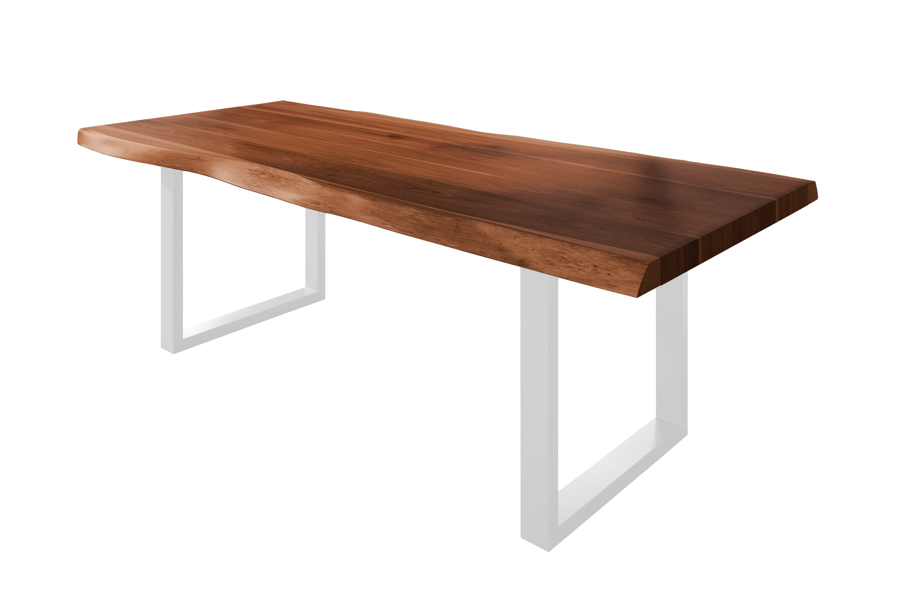 Esstisch Baumkante massiv Akazie nussbaumfarben 240 x 110 U-Gestell Metall weiß TITAN