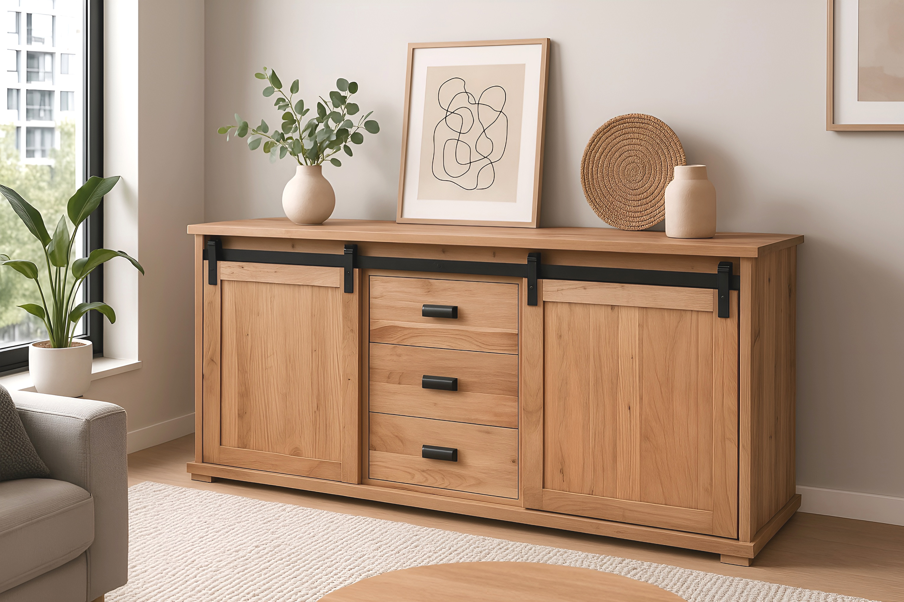 Sideboard 150 x 45 x 80 cm Akazienholz massiv naturfarben ohne Baumkante LIAN 1