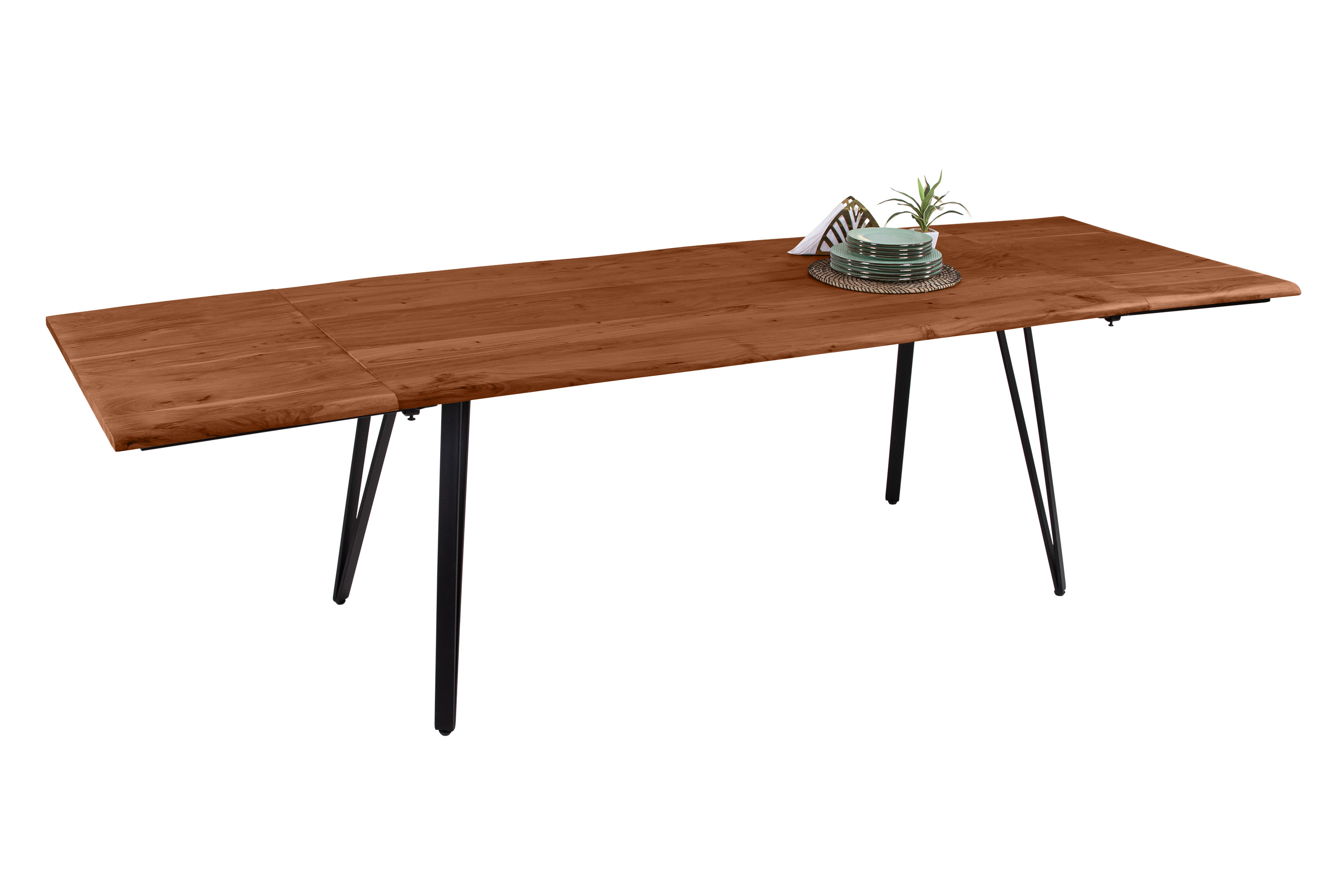 Esstisch Baumkante Akazie nuss 160(260)x90 Ansteckplatten Vierfuß-Gestell schwarz AVINO