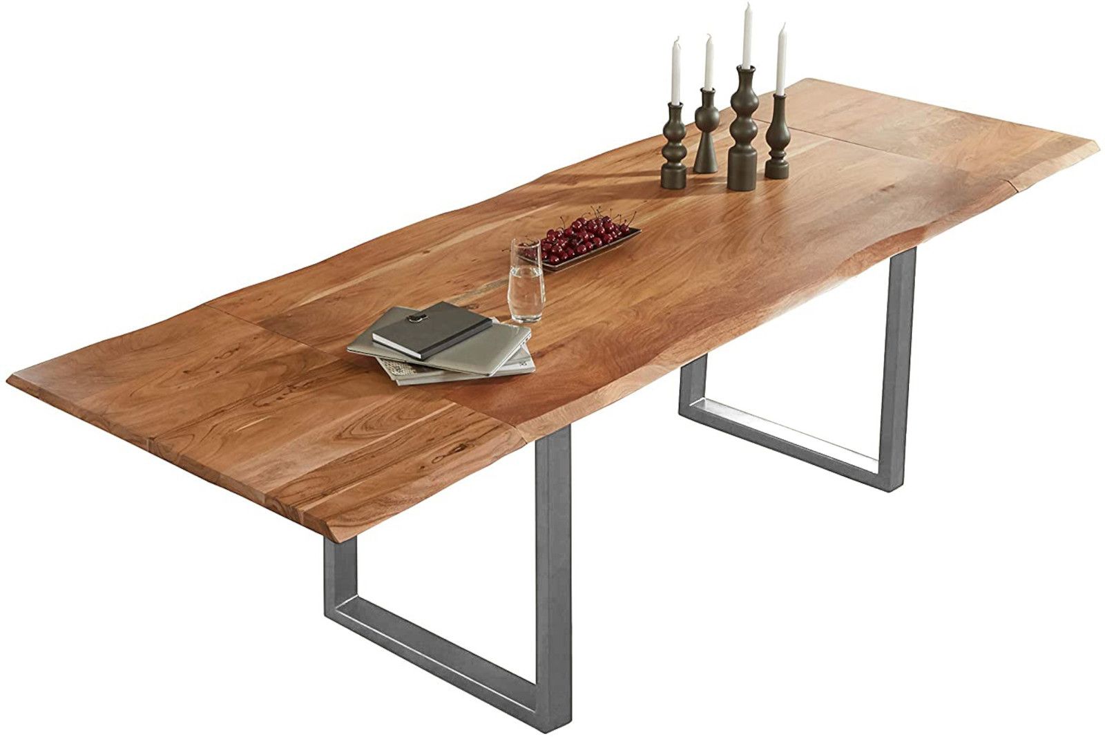 Esstisch Baumkante Akazie natur 220(320)x100 Ansteckplatten silber ADINA