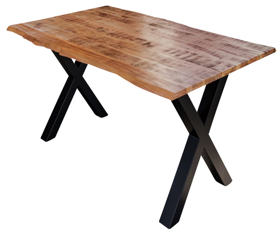 Essgruppe 140 cm Mango naturfarben X-Gestell schwarz mit 6 Stühlen DORA