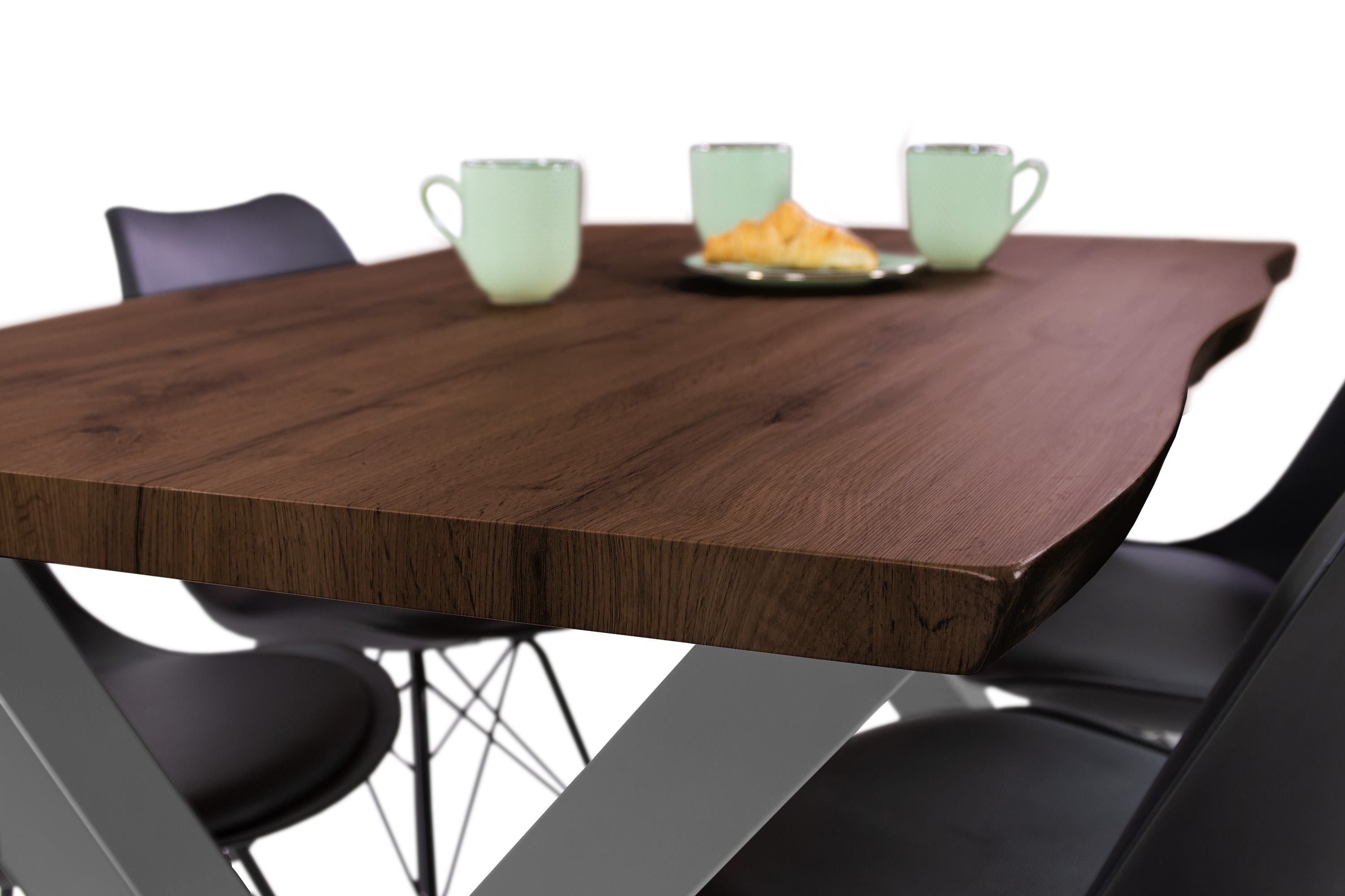 Esstisch Baumkante Holz-Optik Nussbaum 140 x 80 X-Gestell silber JOSY