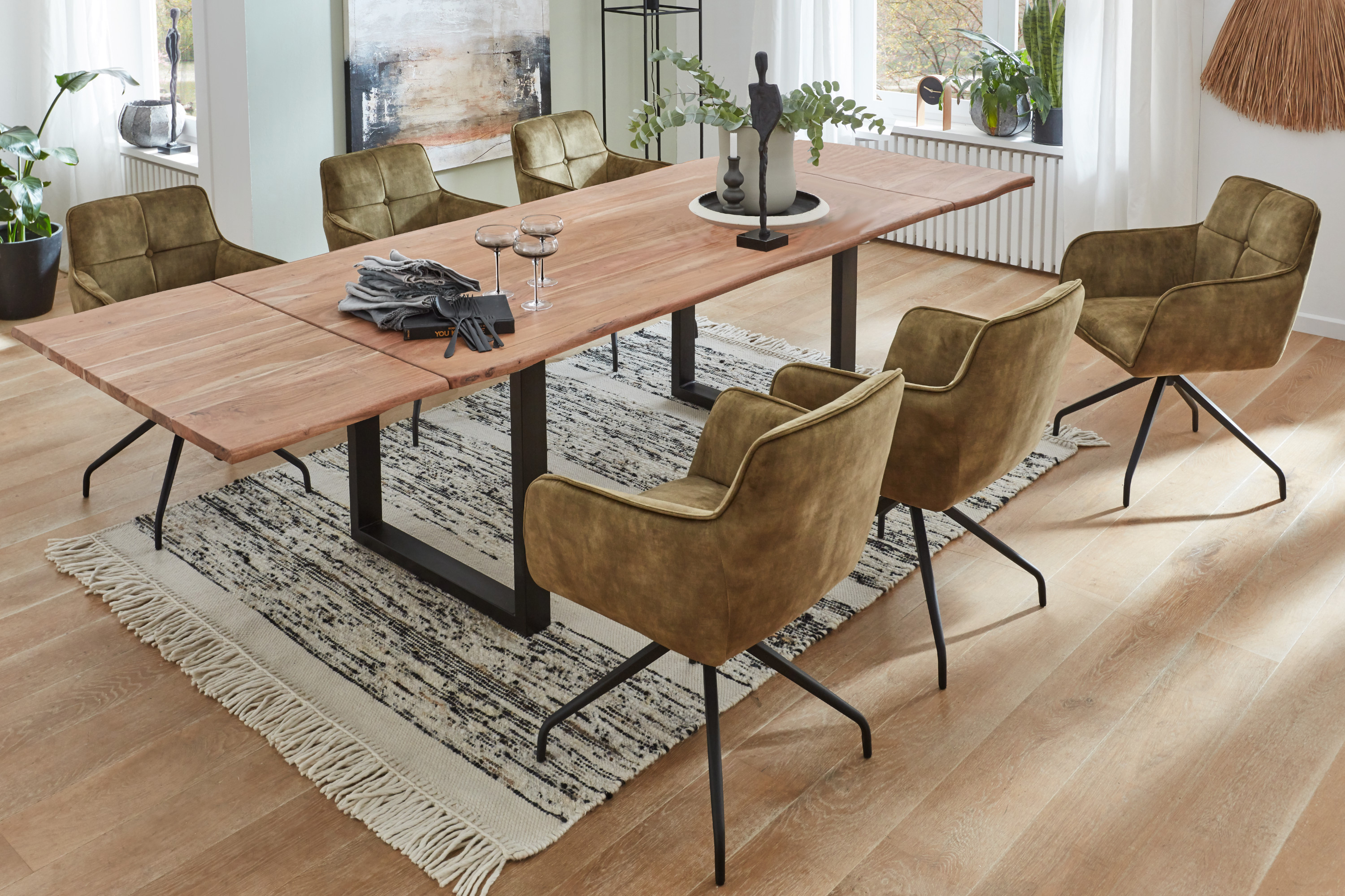 Baumkantentisch Akazie stonefarben 180 (280) x 90 cm Ansteckplatten schwarz NORINA Baumkantentisch Akazie stonefarben 180 (280) x 90 cm Ansteckplatten schwarz NORINA