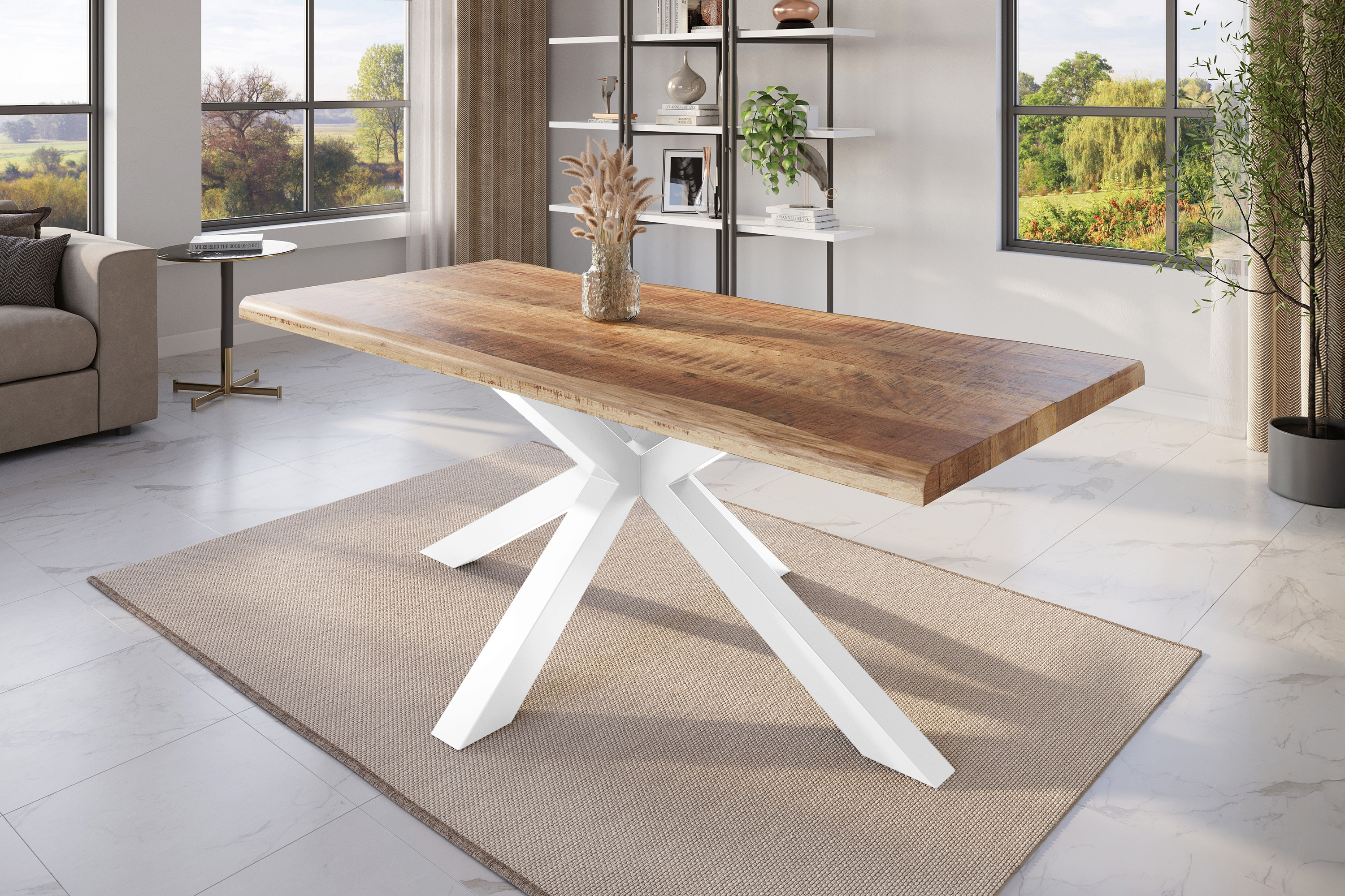 Esstisch Baumkante massiv Mango rough 220 x 100 Spider-Gestell weiß ATLAS