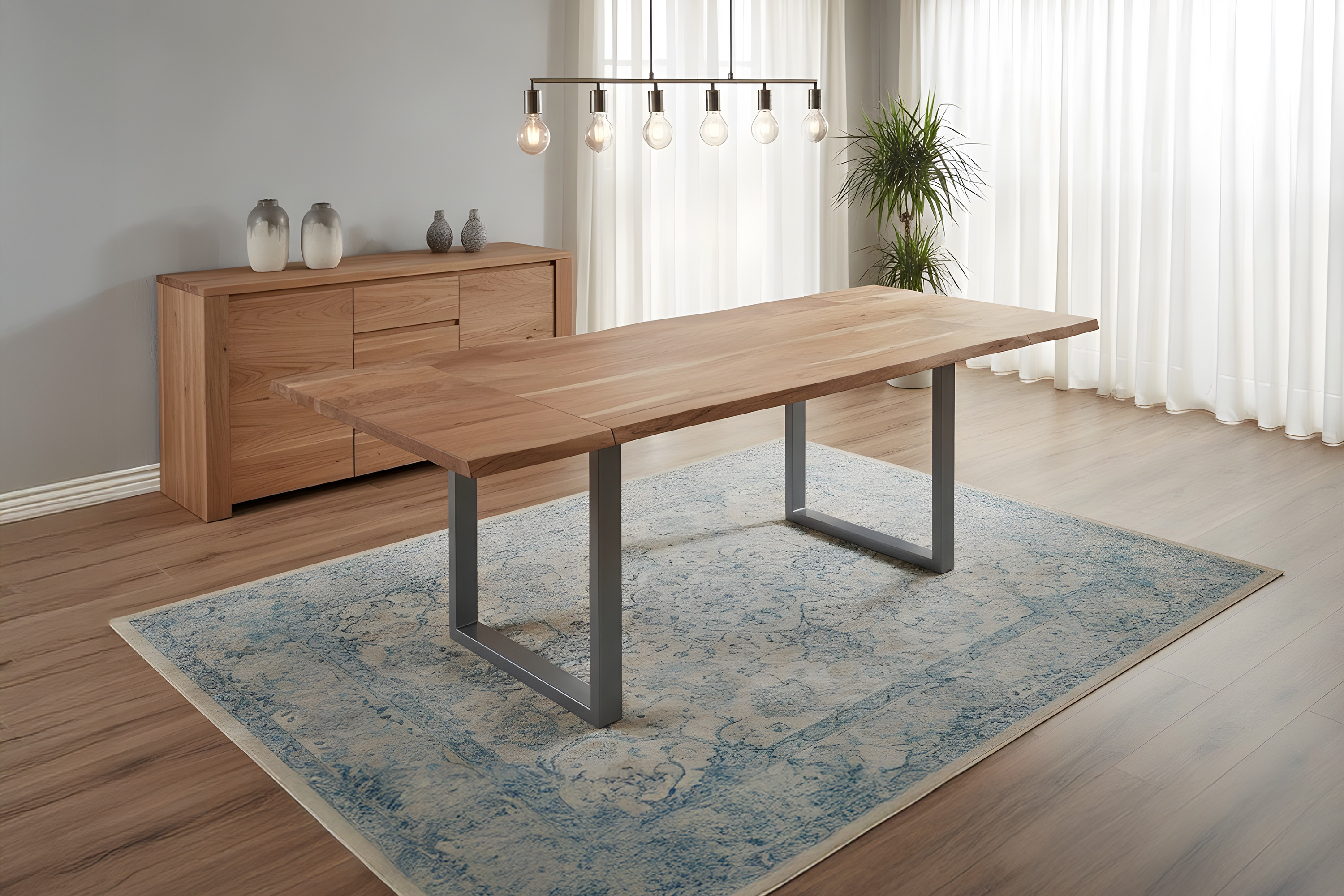 Esstisch Baumkante Akazie natur 200(300)x100 Ansteckplatten silber ADINA