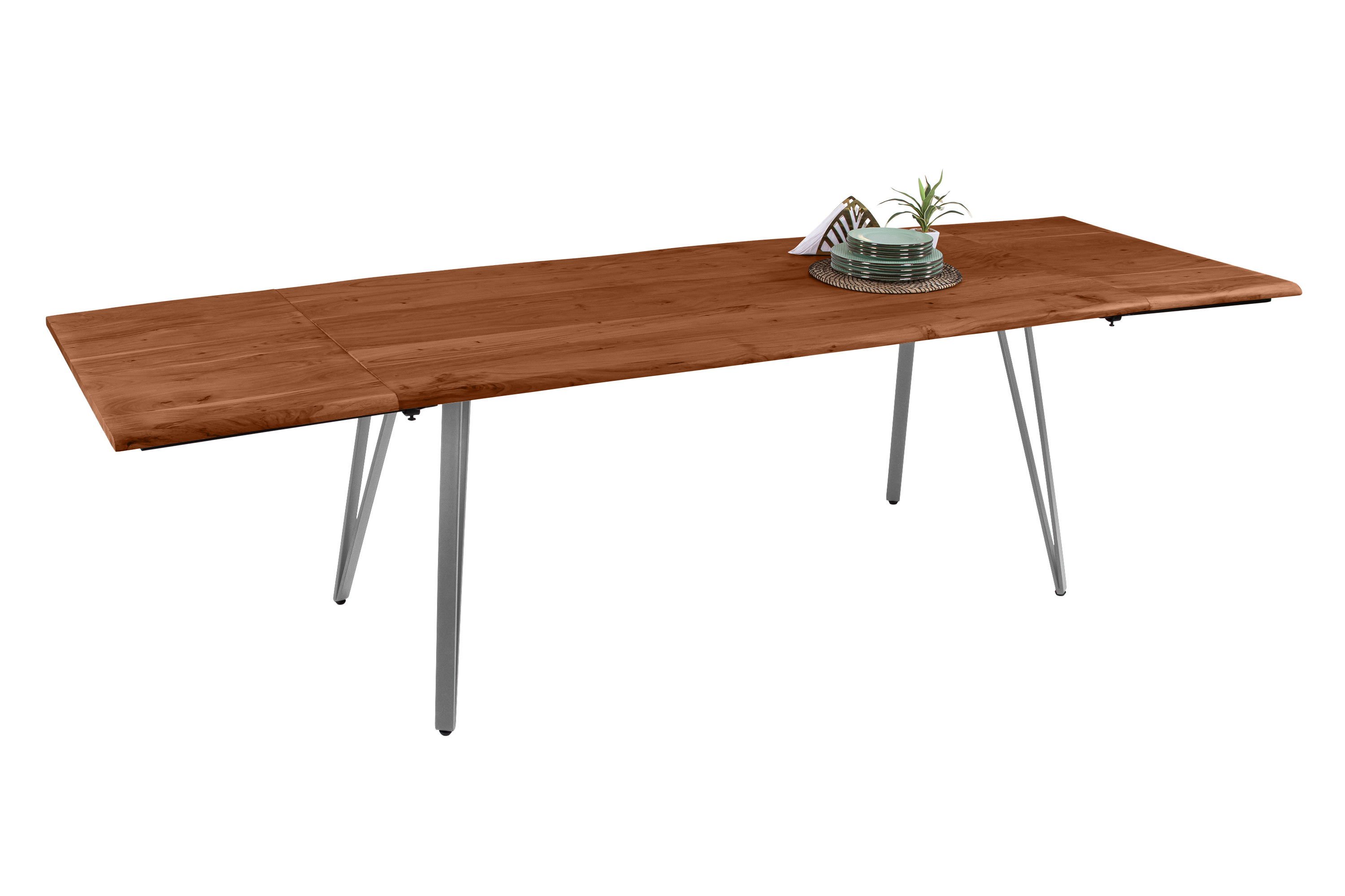 Esstisch Baumkante Akazie nuss 160(260)x90 Ansteckplatten Vierfuß-Gestell silber AVINO