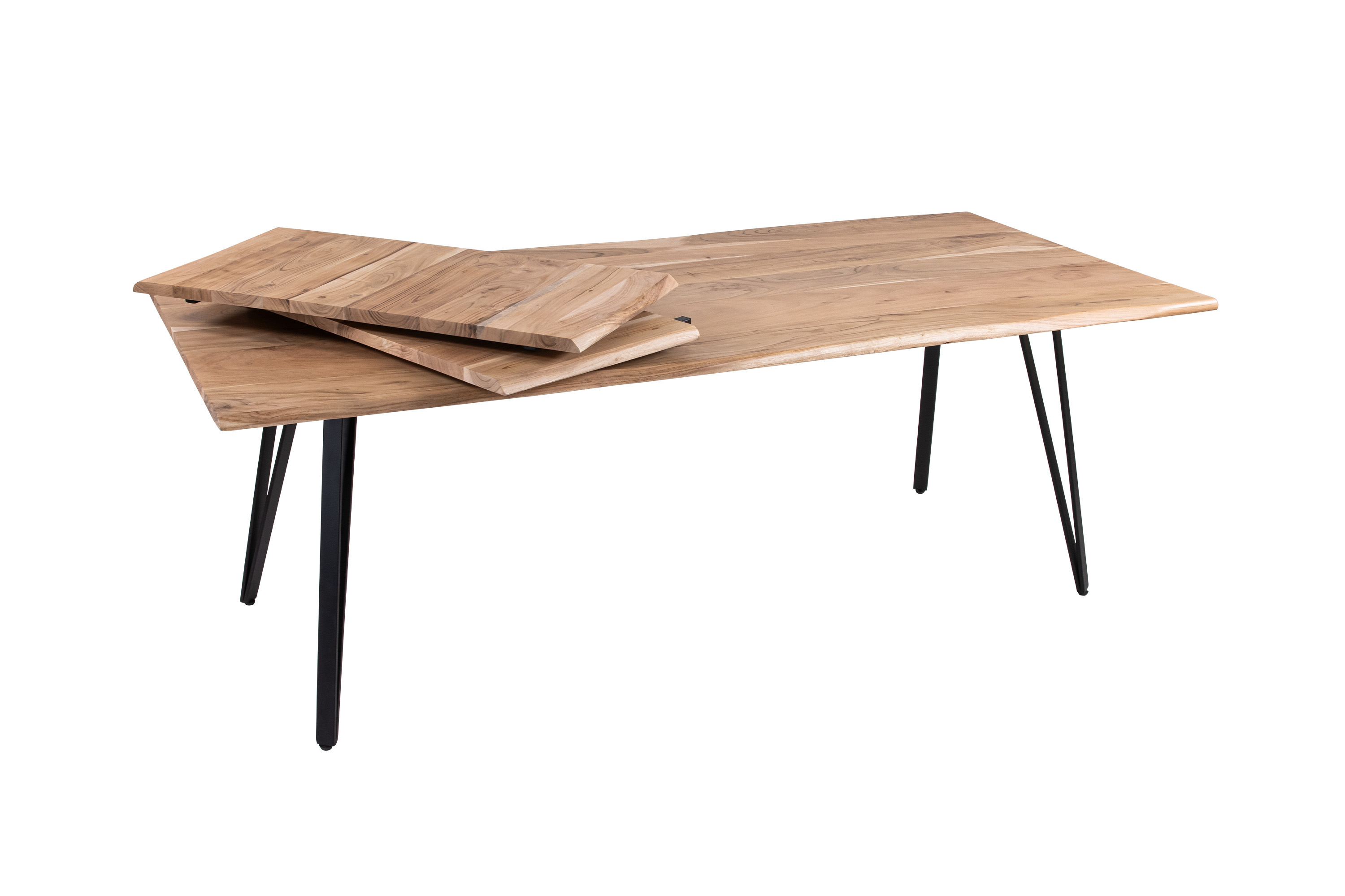 Esstisch Baumkante Akazie natur 220(320)x100 Ansteckplatten Vierfuß-Gestell schwarz AVINO