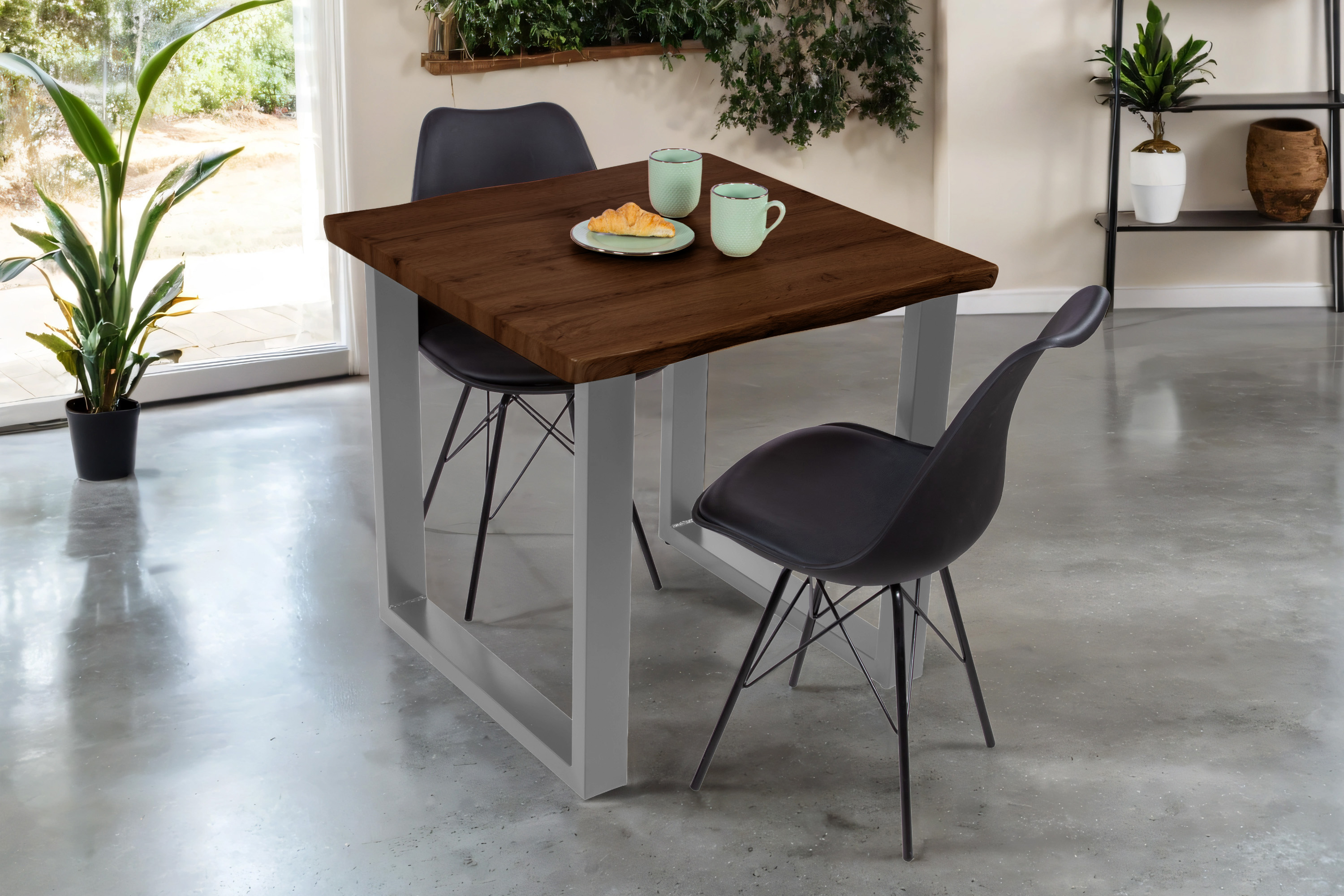 Esstisch Baumkante Holz-Optik Nussbaum 80 x 80 U-Gestell silber JOSY