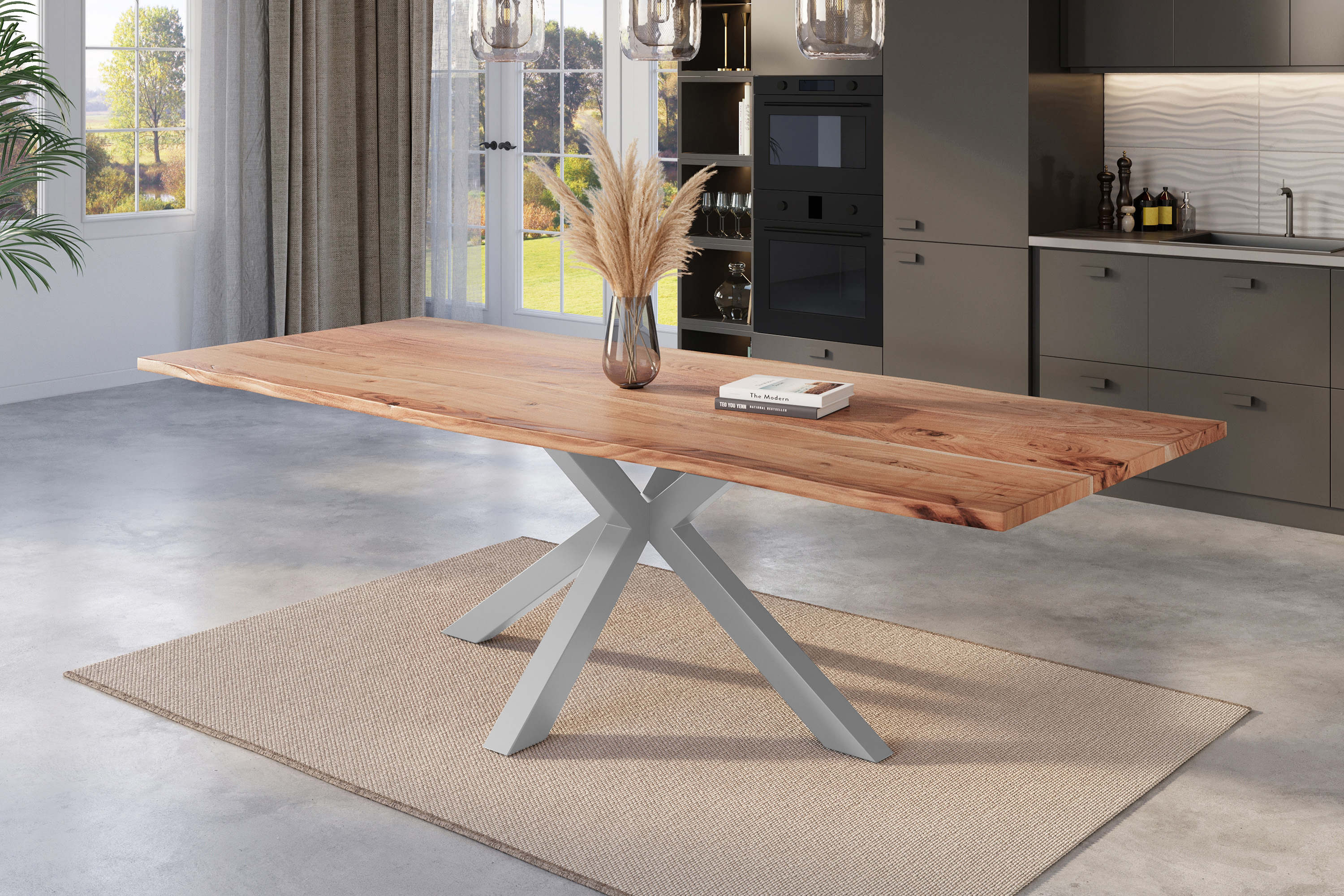 Esstisch Baumkante massiv Akazie natur 300 x 100 cm Spider-Gestell silber Kalea