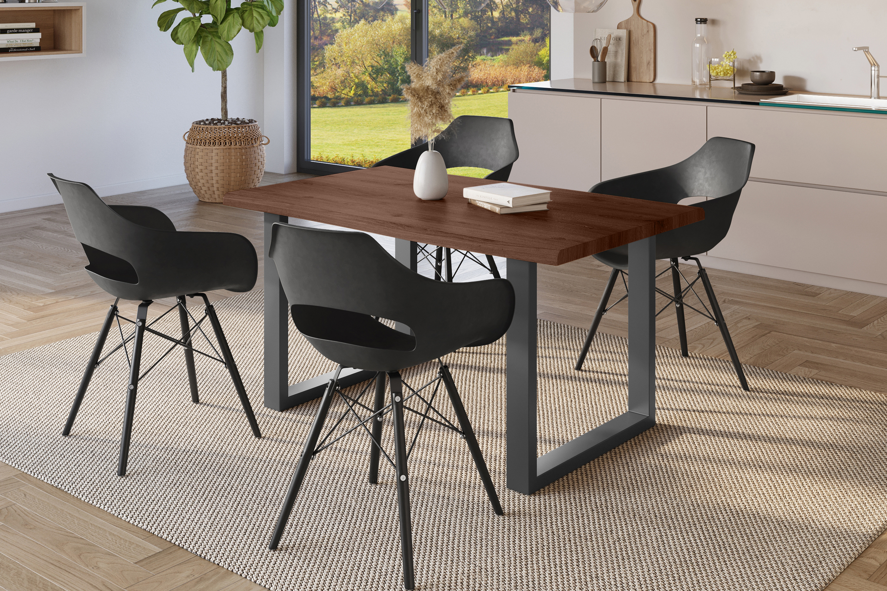 Esstisch Baumkante Holz-Optik Nussbaum 160 x 85 U-Gestell schwarz JULIUS