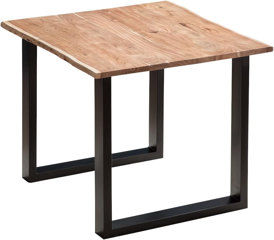 Essgruppe Baumkante massiv 80 x 80 cm Akazie naturfarben U-Gestell schwarz & 2 Stühle grau QUINN