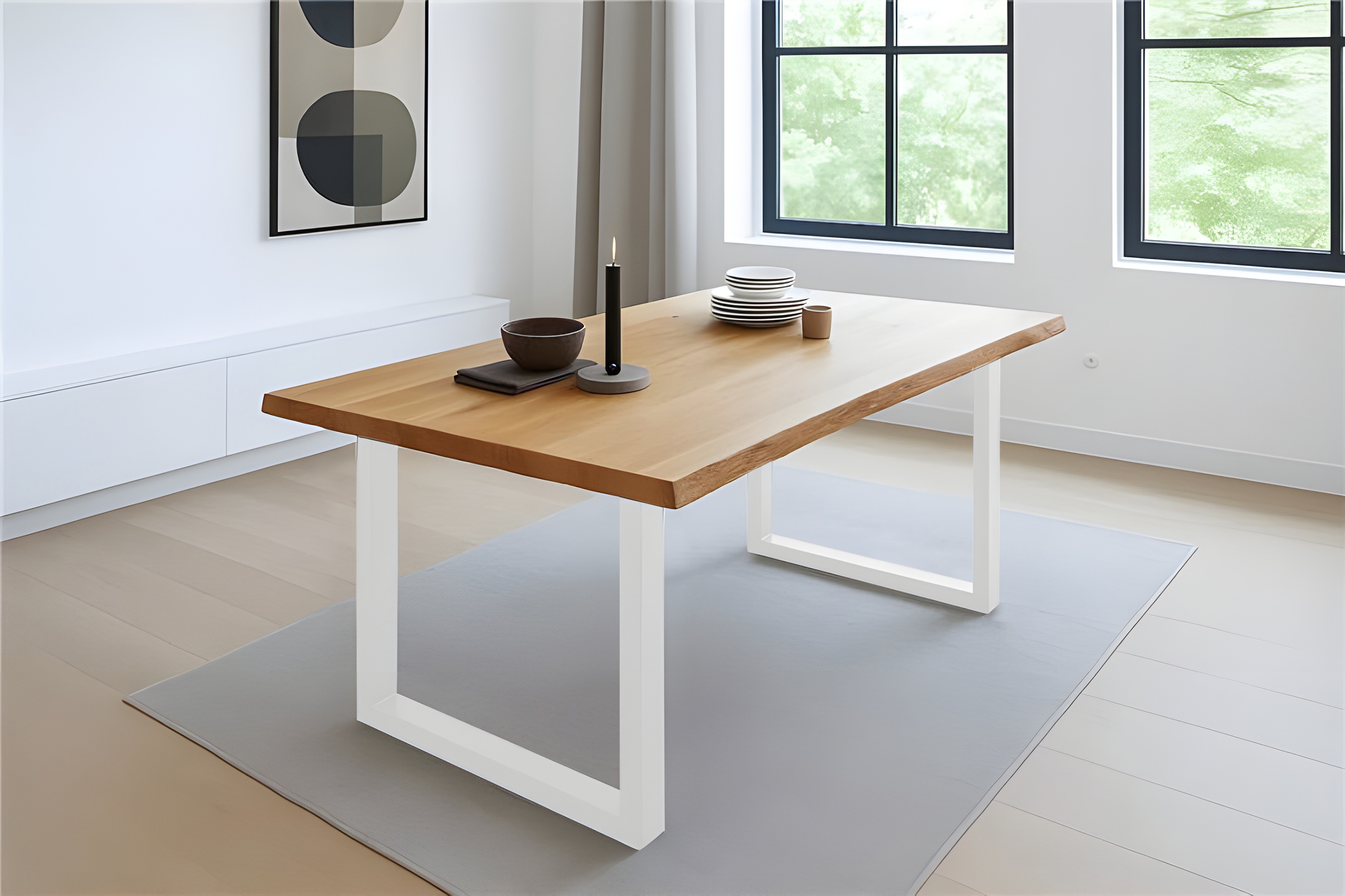Esstisch Baumkante massiv Eiche geölt 220 x 100 cm U-Gestell weiß SALVADOR
