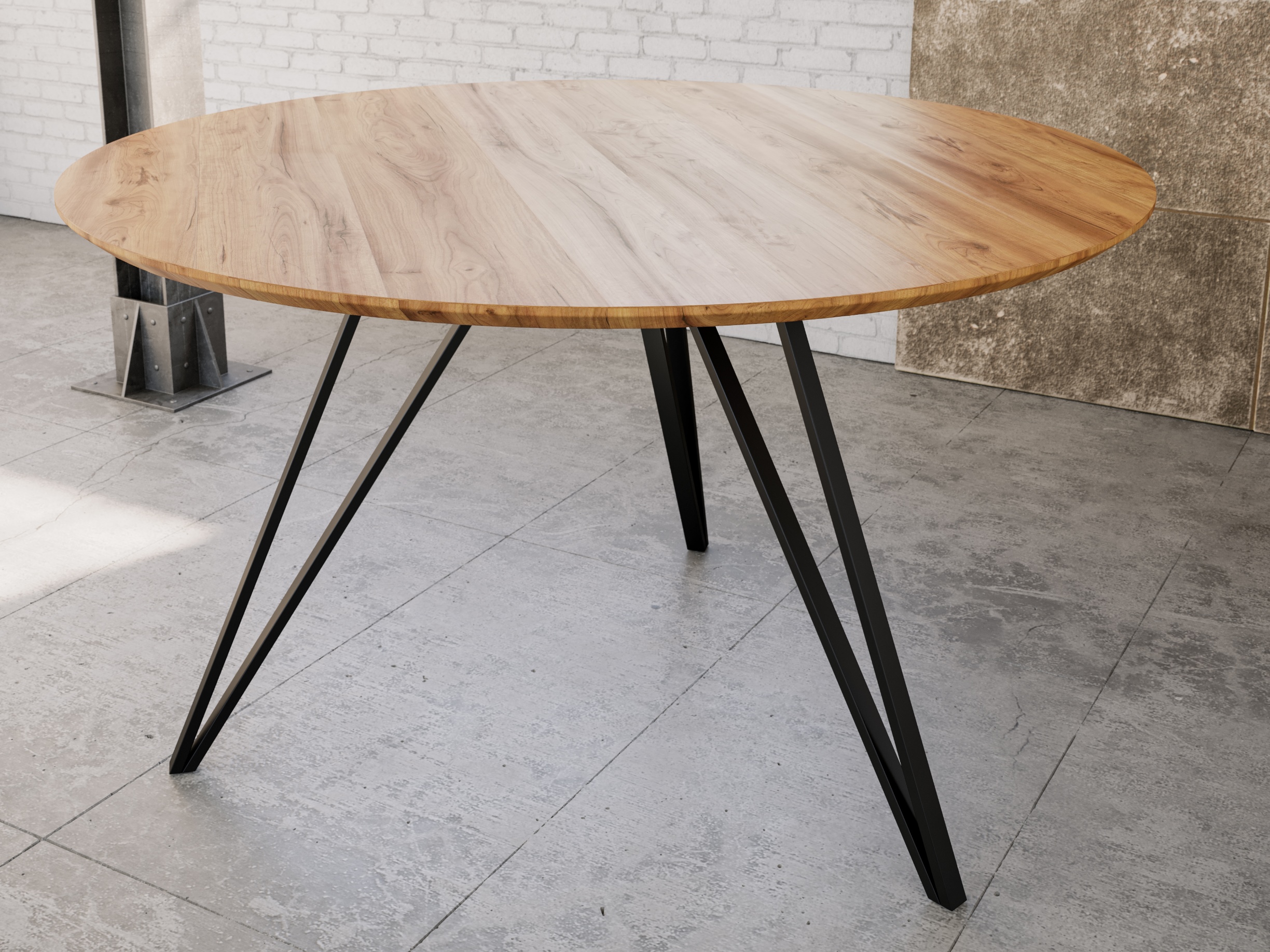 Runder Esszimmertisch Akazie natur Schweizer Kante 120 cm Metallfuß INSA