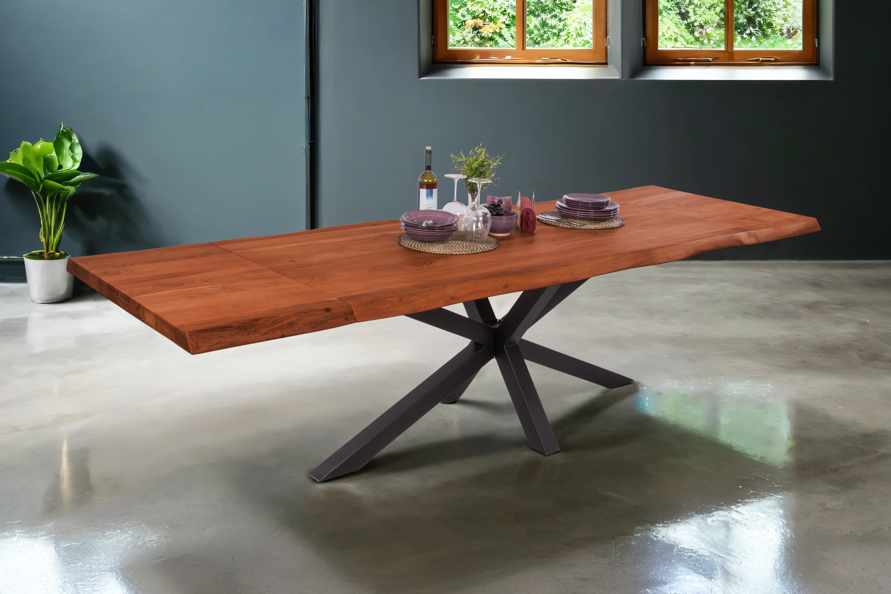 Esstisch Baumkante Akazie nuss 160 (260) x 90 cm Spider-Gestell schwarz mit Ansteckplatten CALI