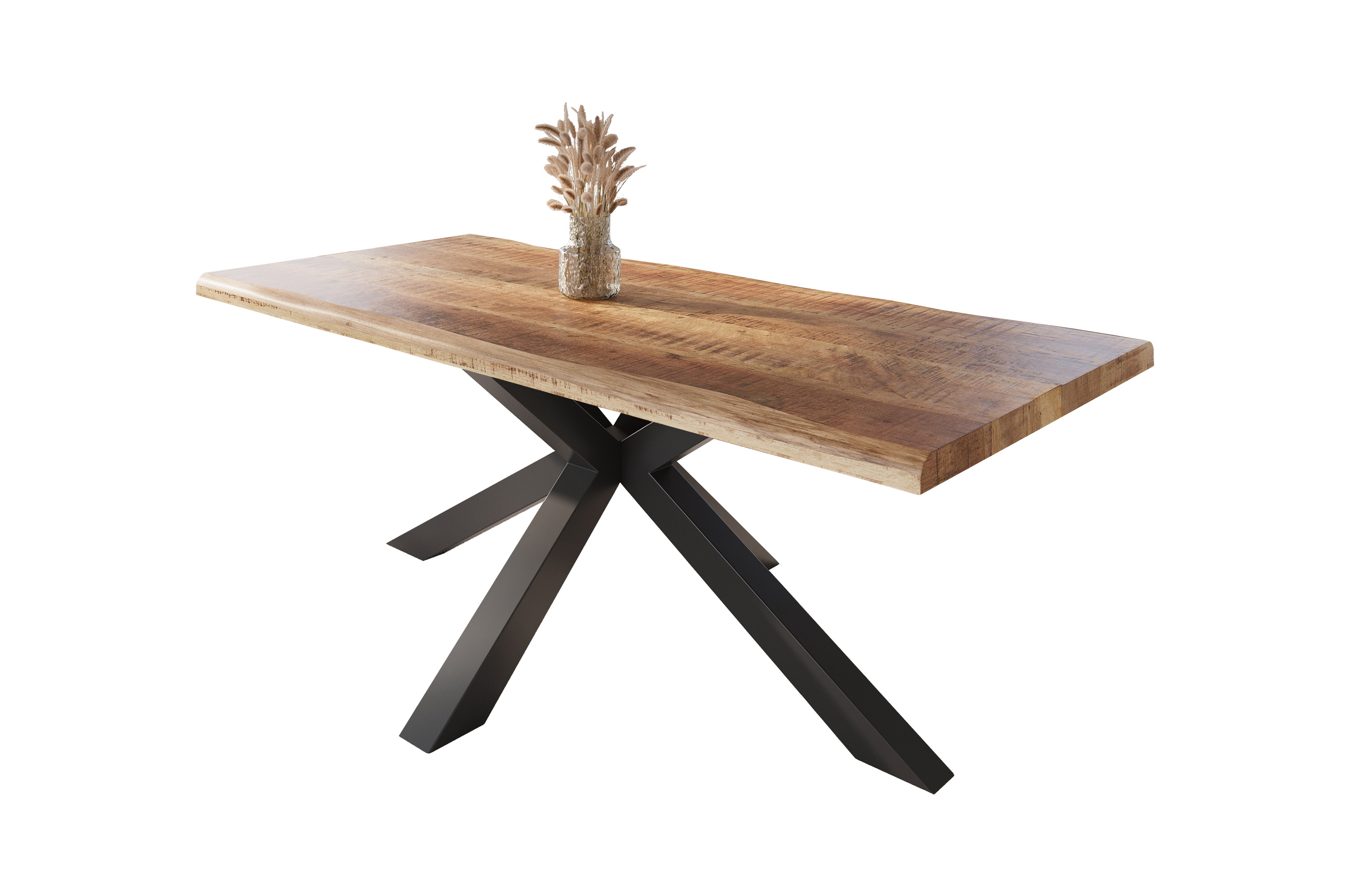 Esstisch Baumkante massiv Mango rough 220 x 100 Spider-Gestell schwarz ATLAS