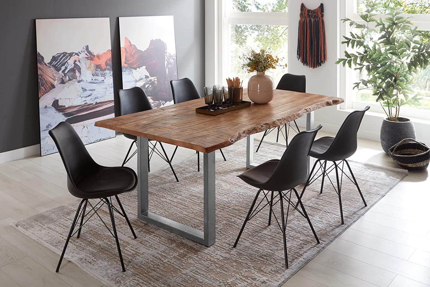 Essgruppe 160 cm Mango naturfarben U-Gestell silber mit 6 Stühlen NORINA