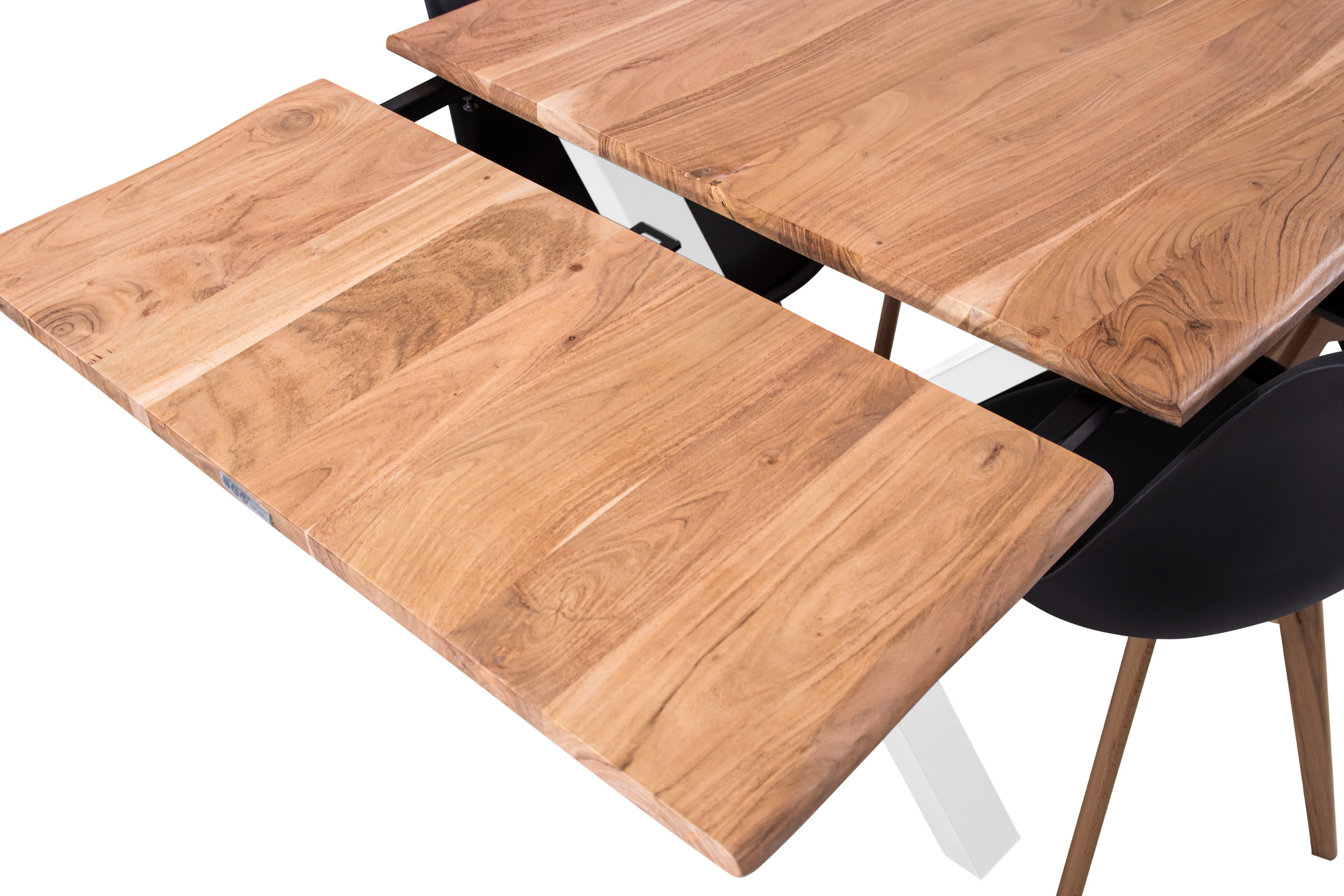 Esstisch Baumkante Akazie natur 180(280)x90 Ansteckplatten X-Gestell weiß AVINO