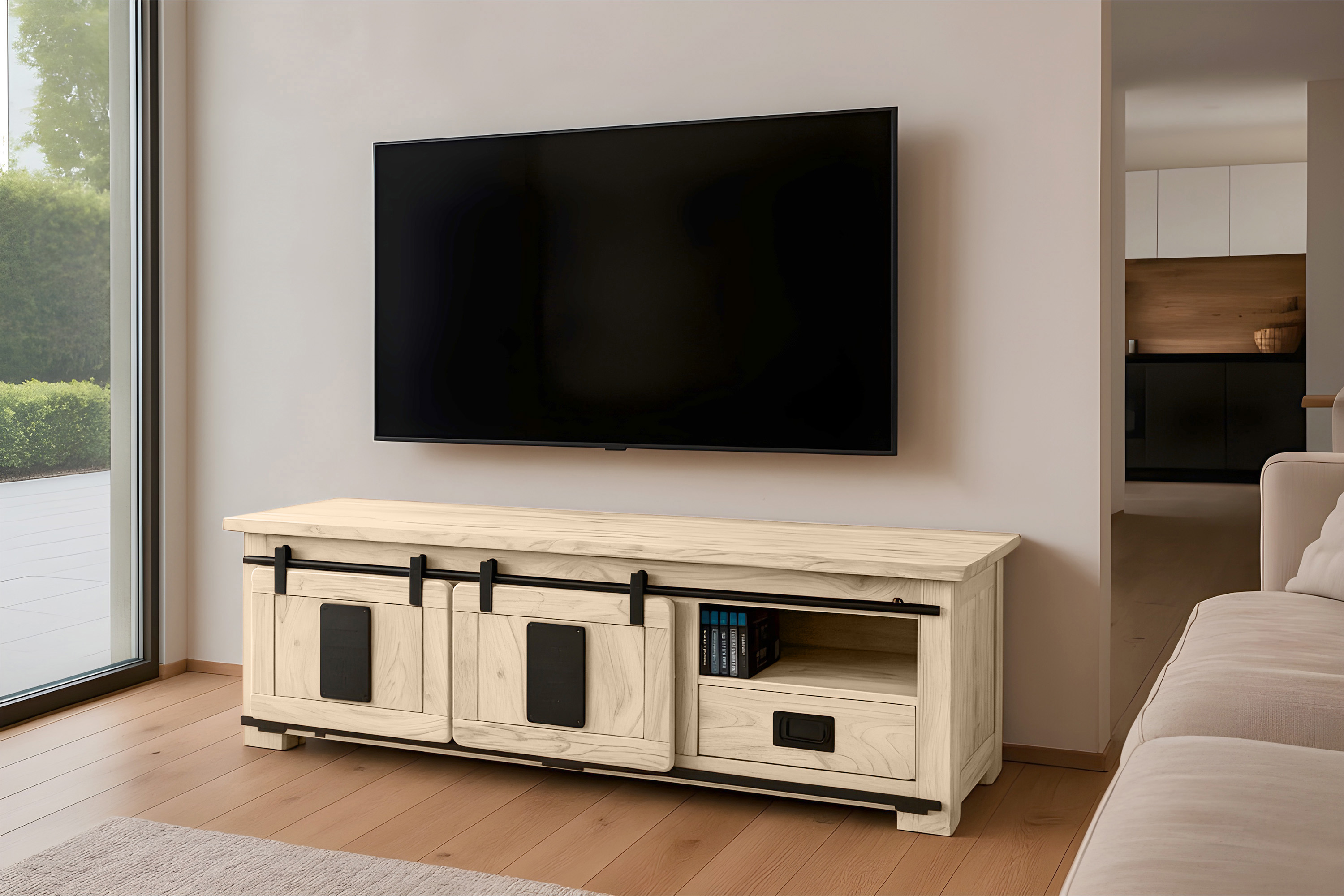 Lowboard Kommode TV-Board mit Schiebetüren, Schubfach & 3 Fächern Akazie massiv eiche 160 x 45 x 50 cm LIBRO