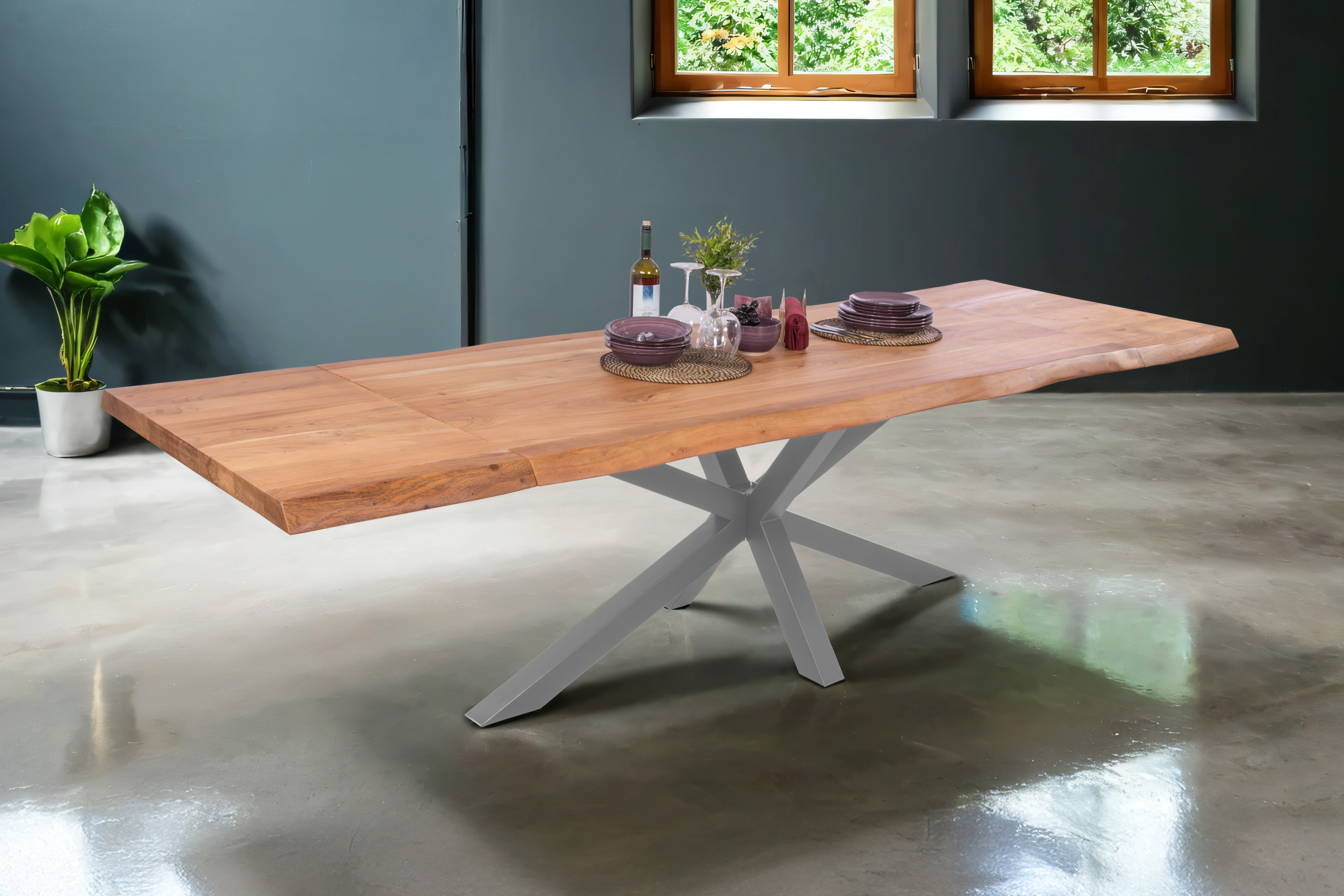 Esstisch Baumkante Akazie natur 220 (320) x 100 Spider-Gestell silber mit Ansteckplatten CALI