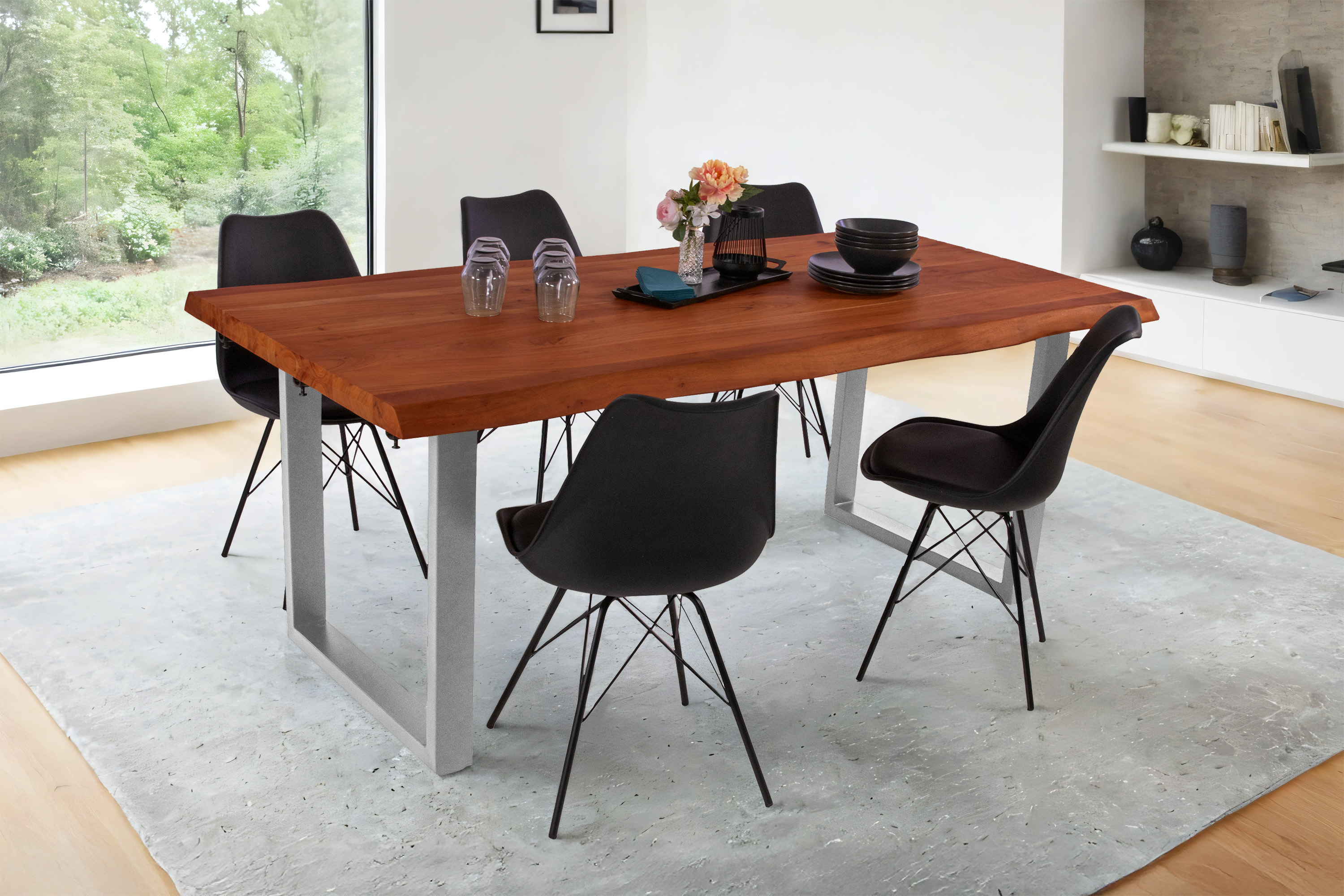 Esstisch Baumkante Akazie nuss 140 (220) x 90 cm U-Gestell silber mit Ansteckplatten CALI