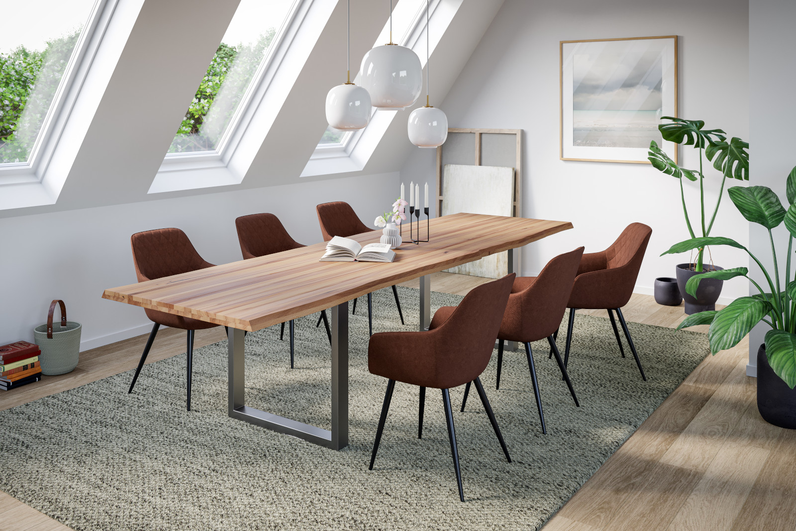 Esstisch Baumkante Massiv Wildbuche 280 x 100 silber U-Gestell ROMAN