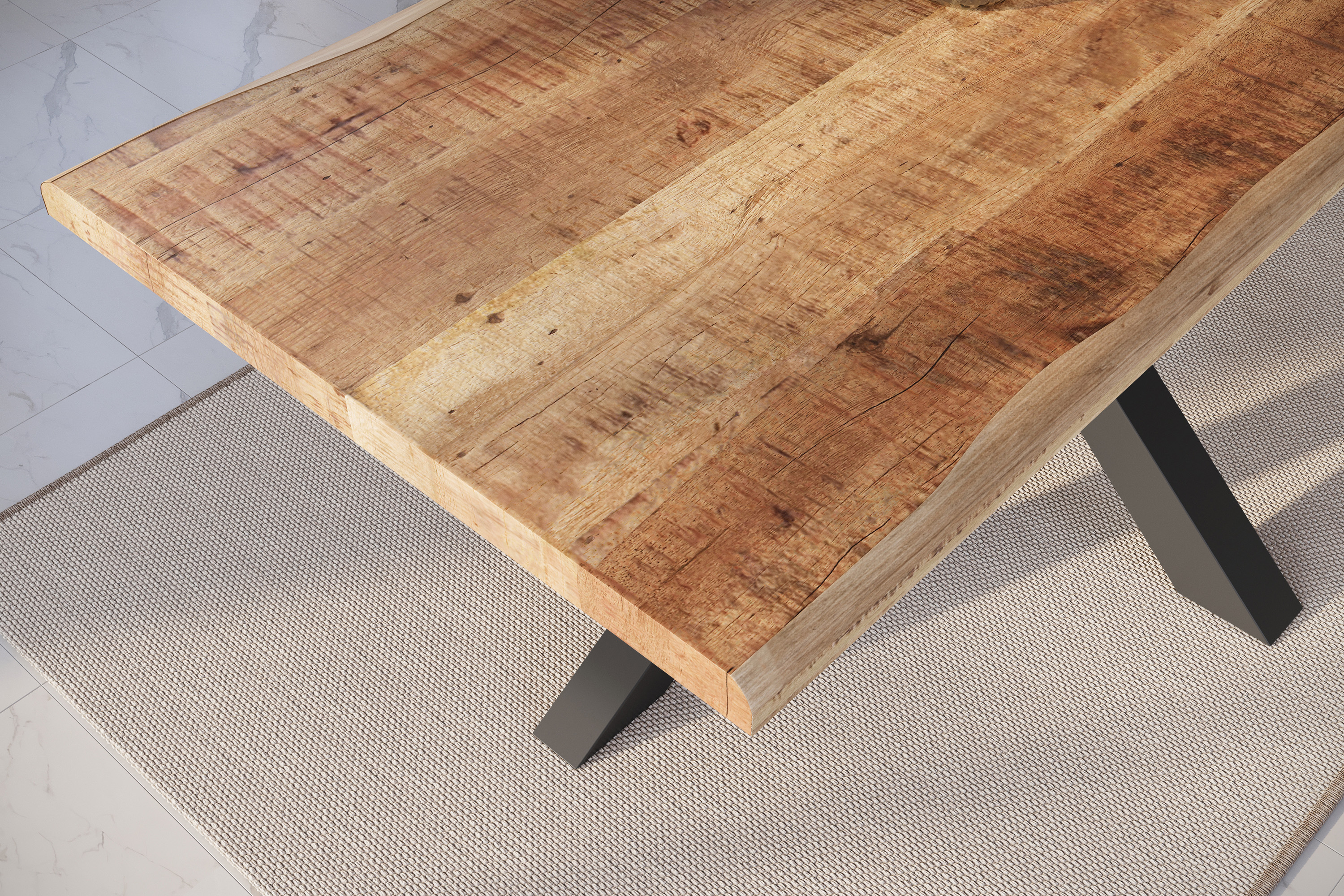 Esstisch Baumkante massiv Mango rough 220 x 100 Spider-Gestell schwarz ATLAS