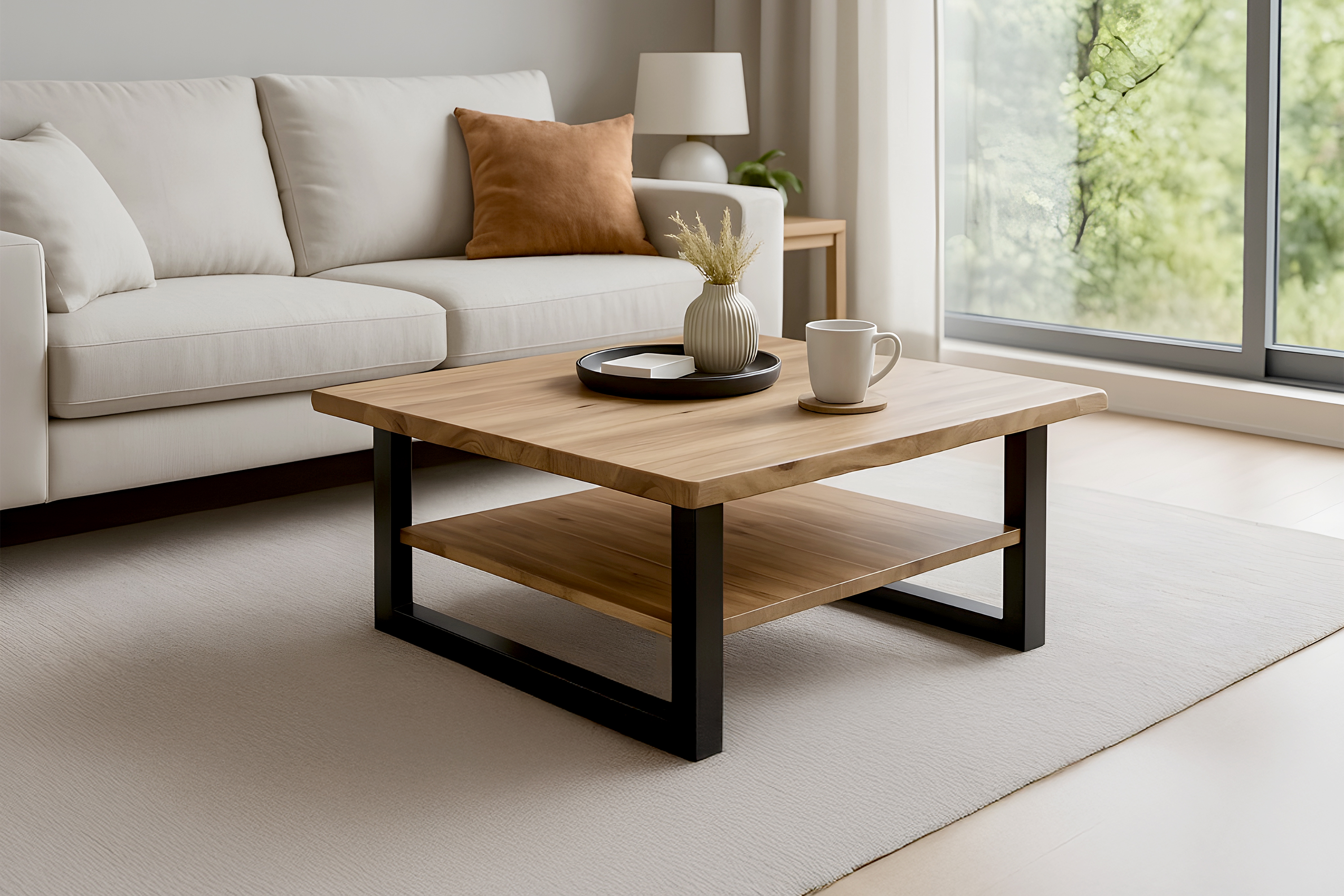 Couchtisch Baumkante 90 x 90 cm Akazie massiv + naturfarben lackiert schwarz PATRICK