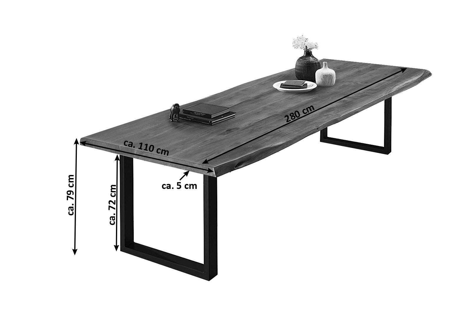  Esstisch Baumkante massiv Akazie nussbaumfarben 280 x 110 silber VALIN