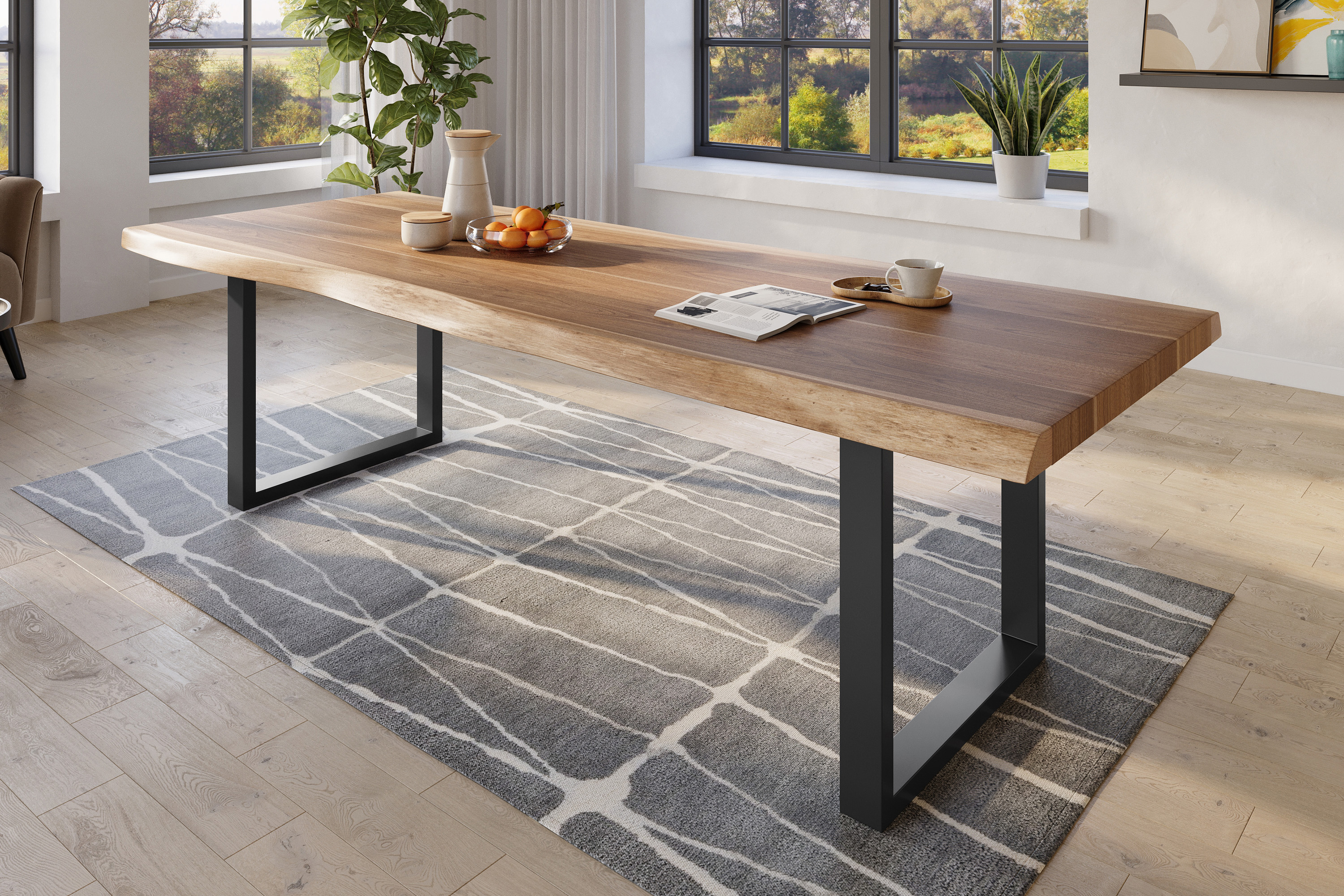 Esstisch Baumkante massiv Akazie natur 260 x 110 U-Gestell Metall schwarz TITAN