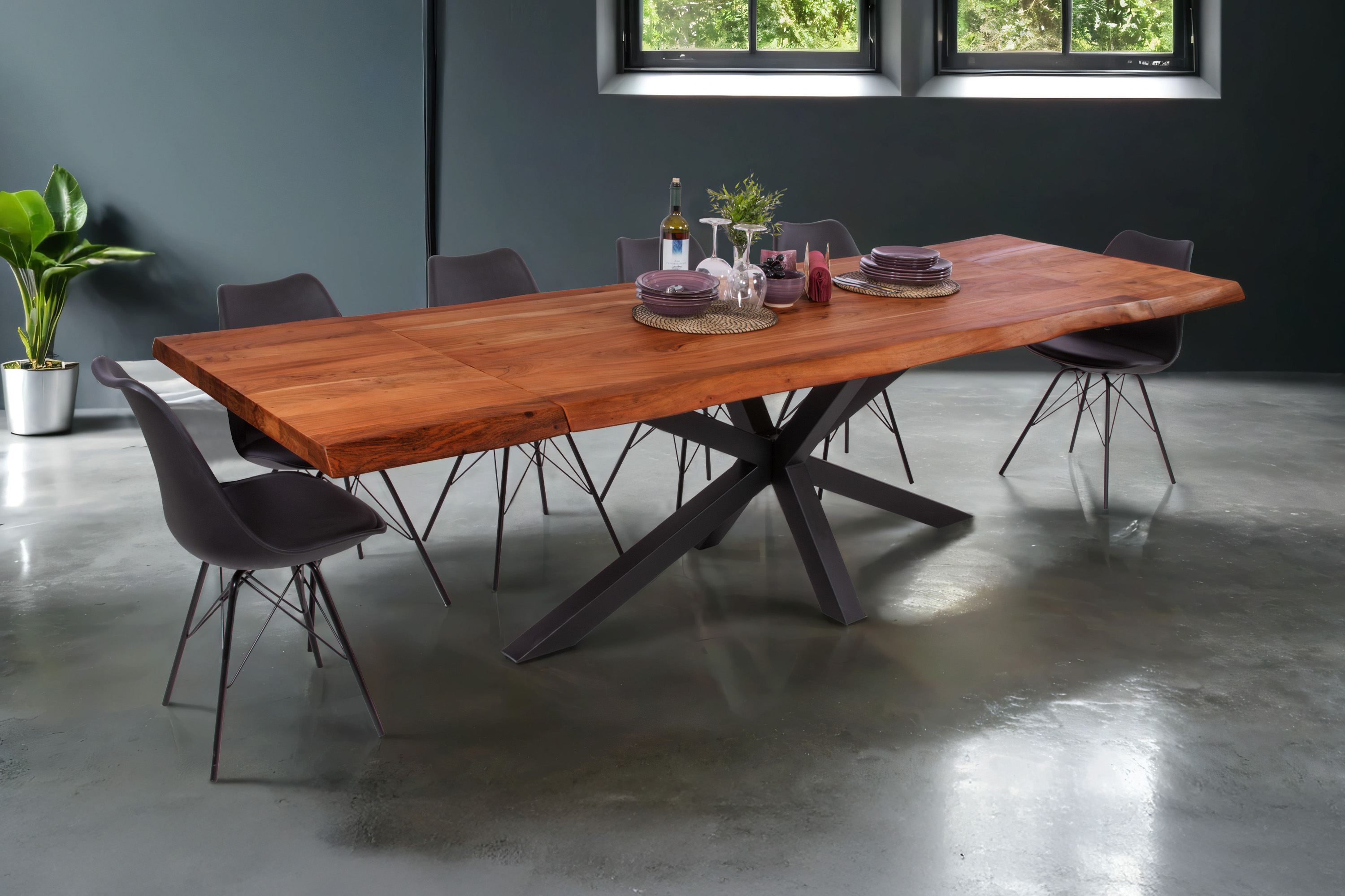 Esstisch Baumkante Akazie nuss 160 (260) x 90 cm Spider-Gestell schwarz mit Ansteckplatten CALI