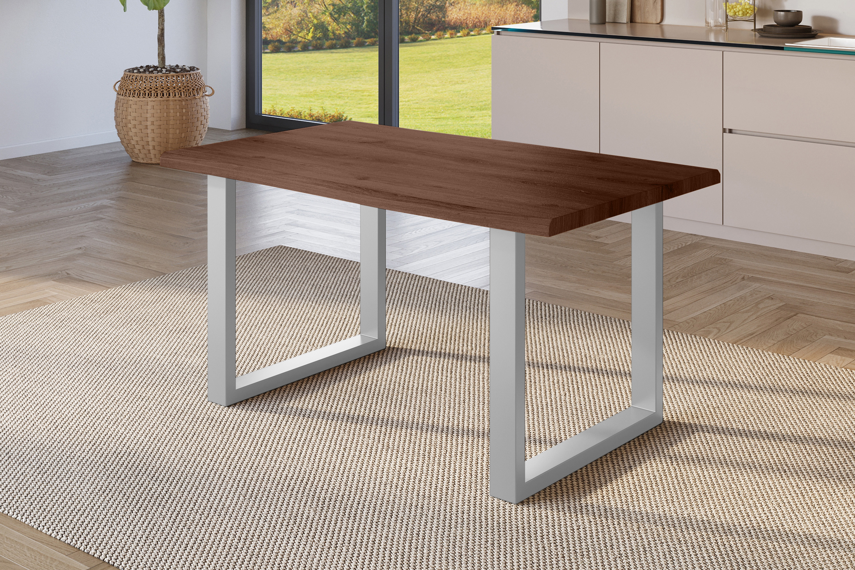 Esstisch Baumkante Holz-Optik Nussbaum 160 x 85 U-Gestell silber JULIUS