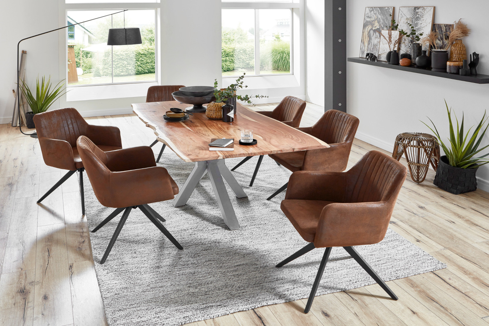  Esstisch Baumkante massiv Akazie natur 120 cm Spider-Gestell silber QUINCY