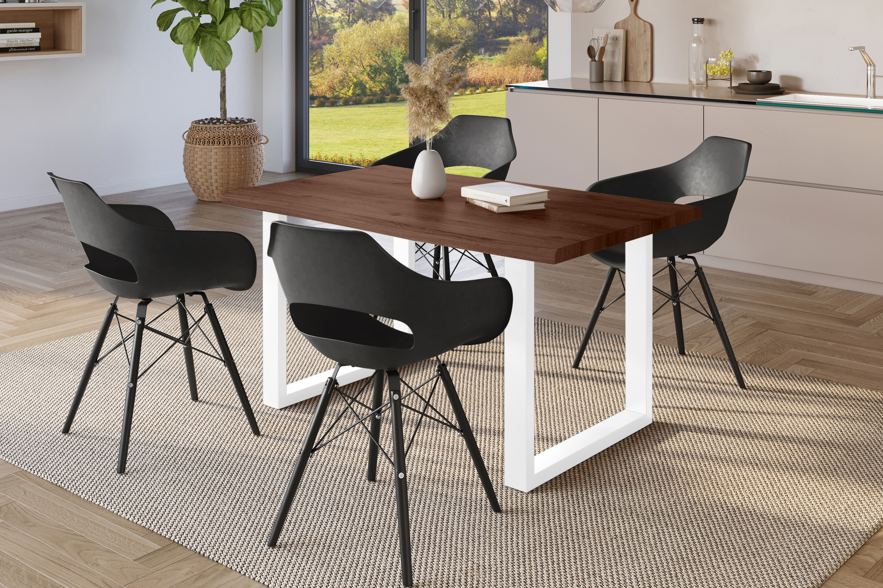 Esstisch Baumkante Holz-Optik Nussbaum 140 x 80 U-Gestell weiß JULIUS