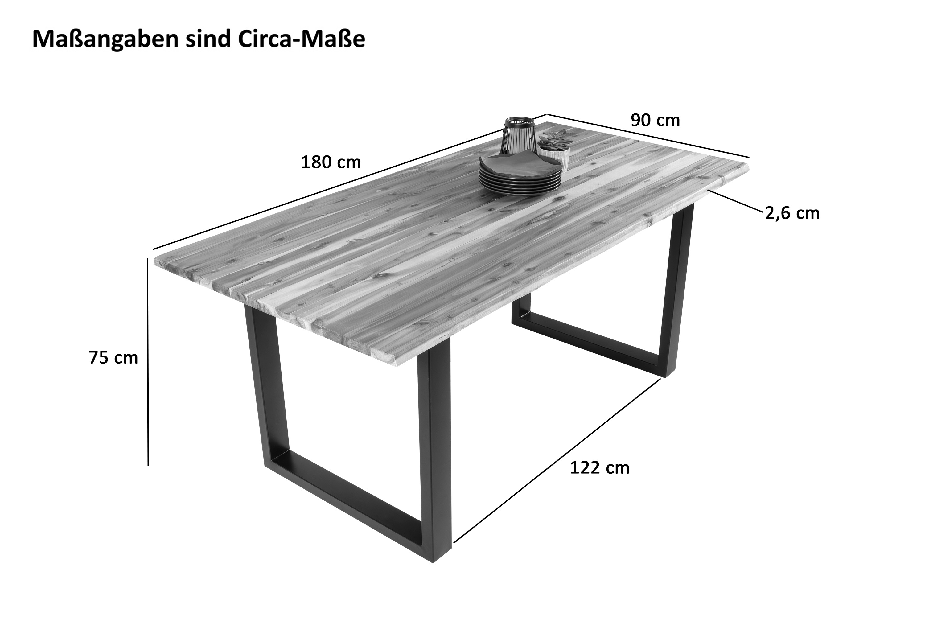 Garten-Tischgruppe Baumkante 7tlg Akazie massiv mit 6 Stühlen grau U-Gestell schwarz AVILA