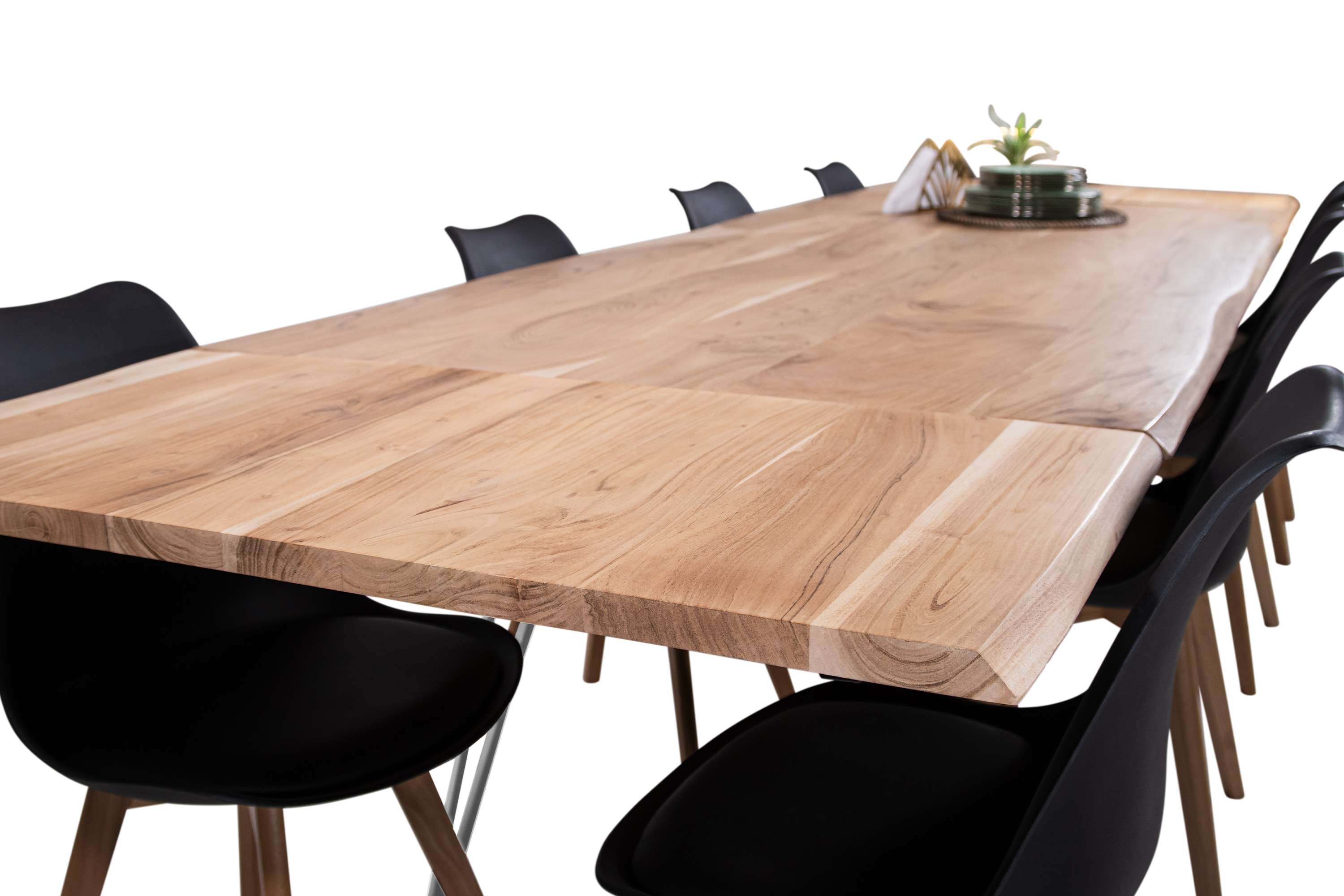 Esstisch Baumkante Akazie natur 220(320)x100 Ansteckplatten Vierfuß-Gestell silber AVINO