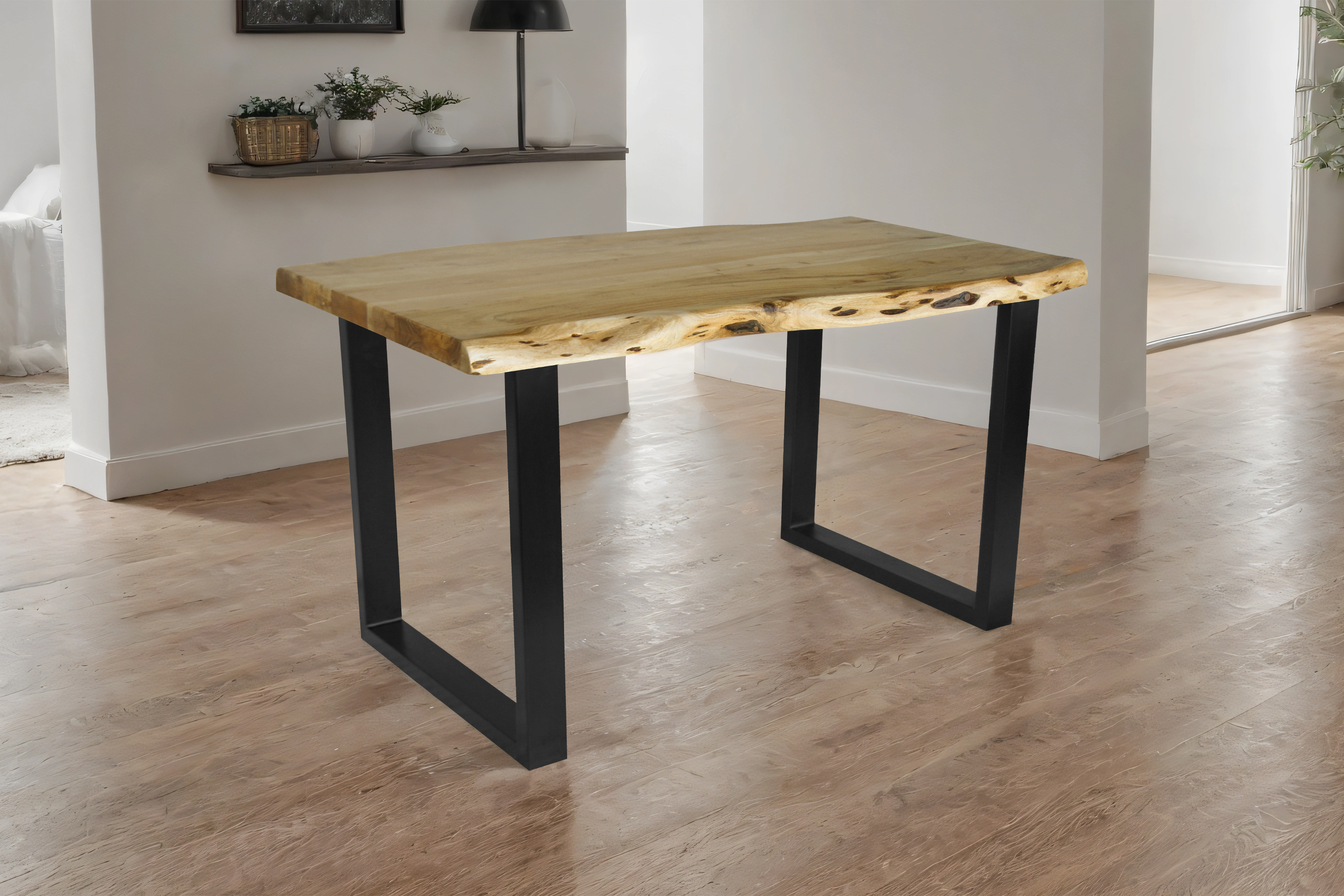 Esstisch Baumkante Akazie massiv eichenfarben 140 x 80 U-Gestell schwarz CALI