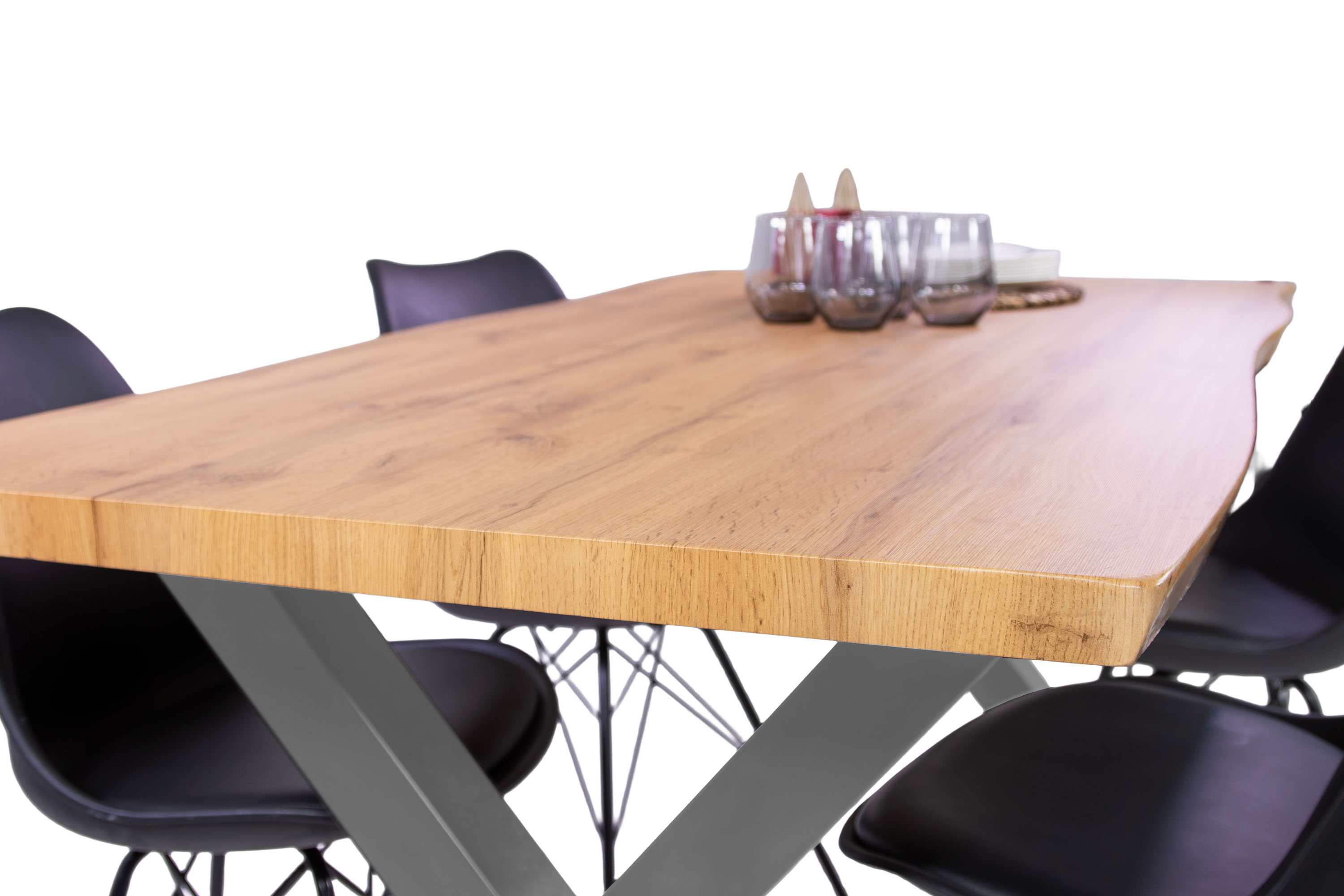Esstisch Baumkante Holz-Optik Wildeiche 160 x 85 X-Gestell silber JOSY