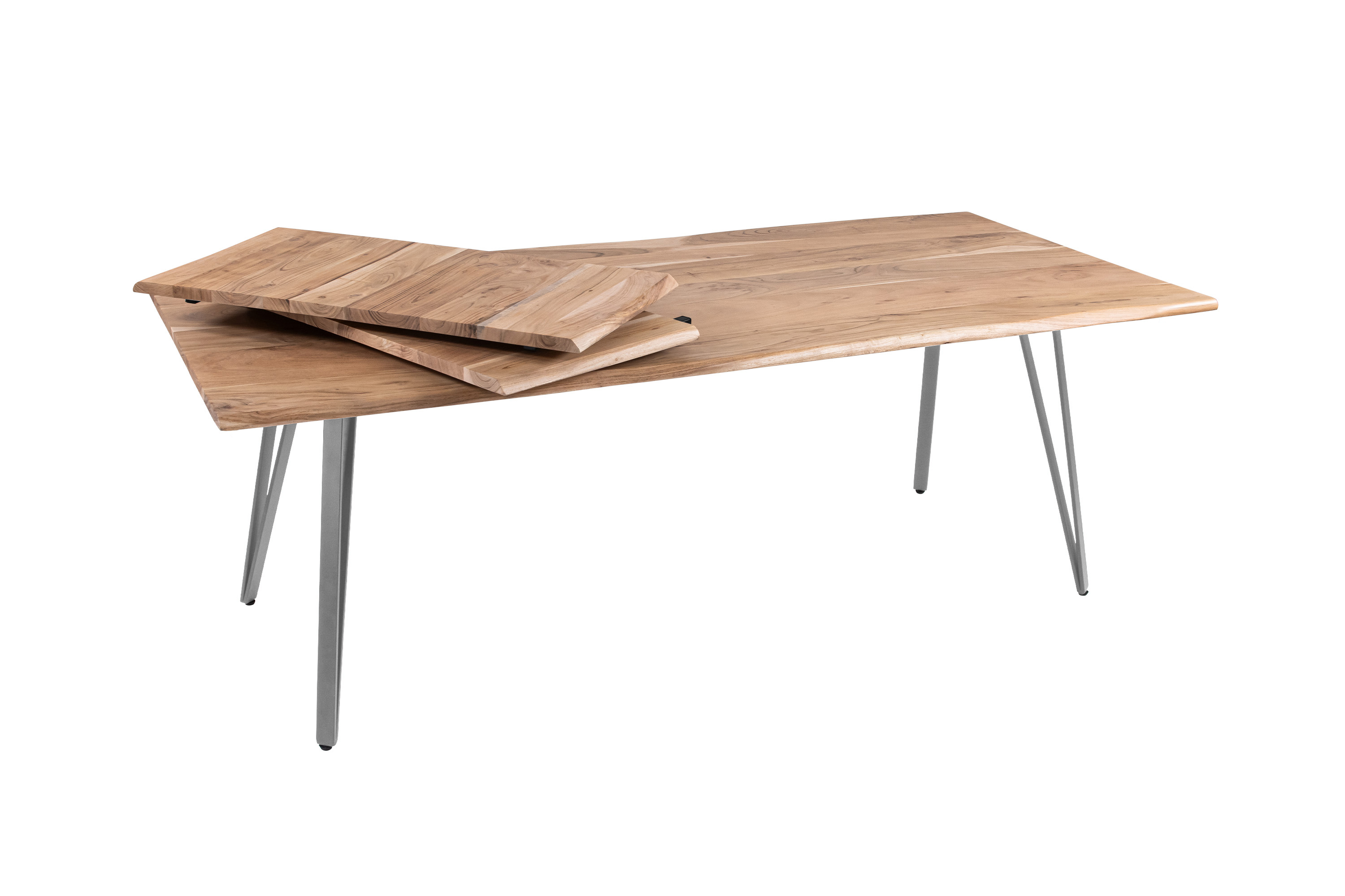 Esstisch Baumkante Akazie natur 220(320)x100 Ansteckplatten Vierfuß-Gestell silber AVINO