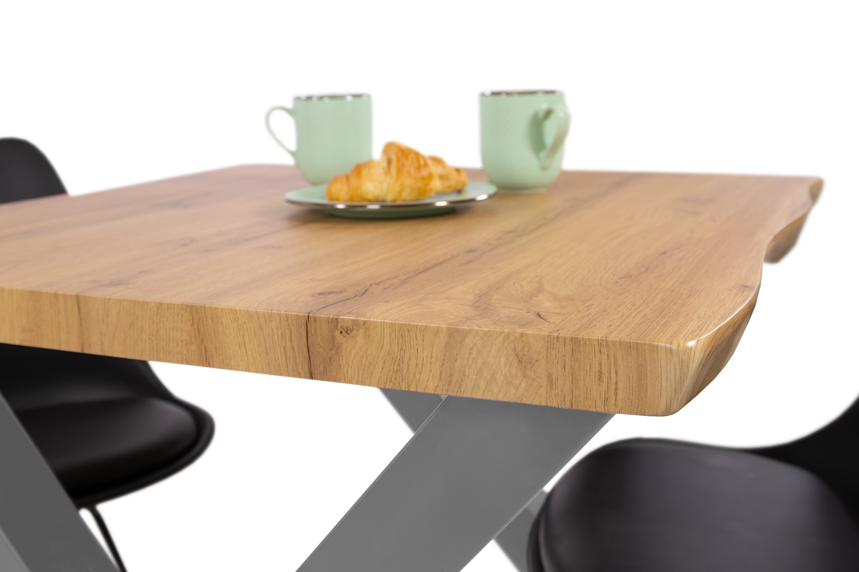 Esstisch Baumkante Holz-Optik Wildeiche 80 x 80 X-Gestell silber JOSY