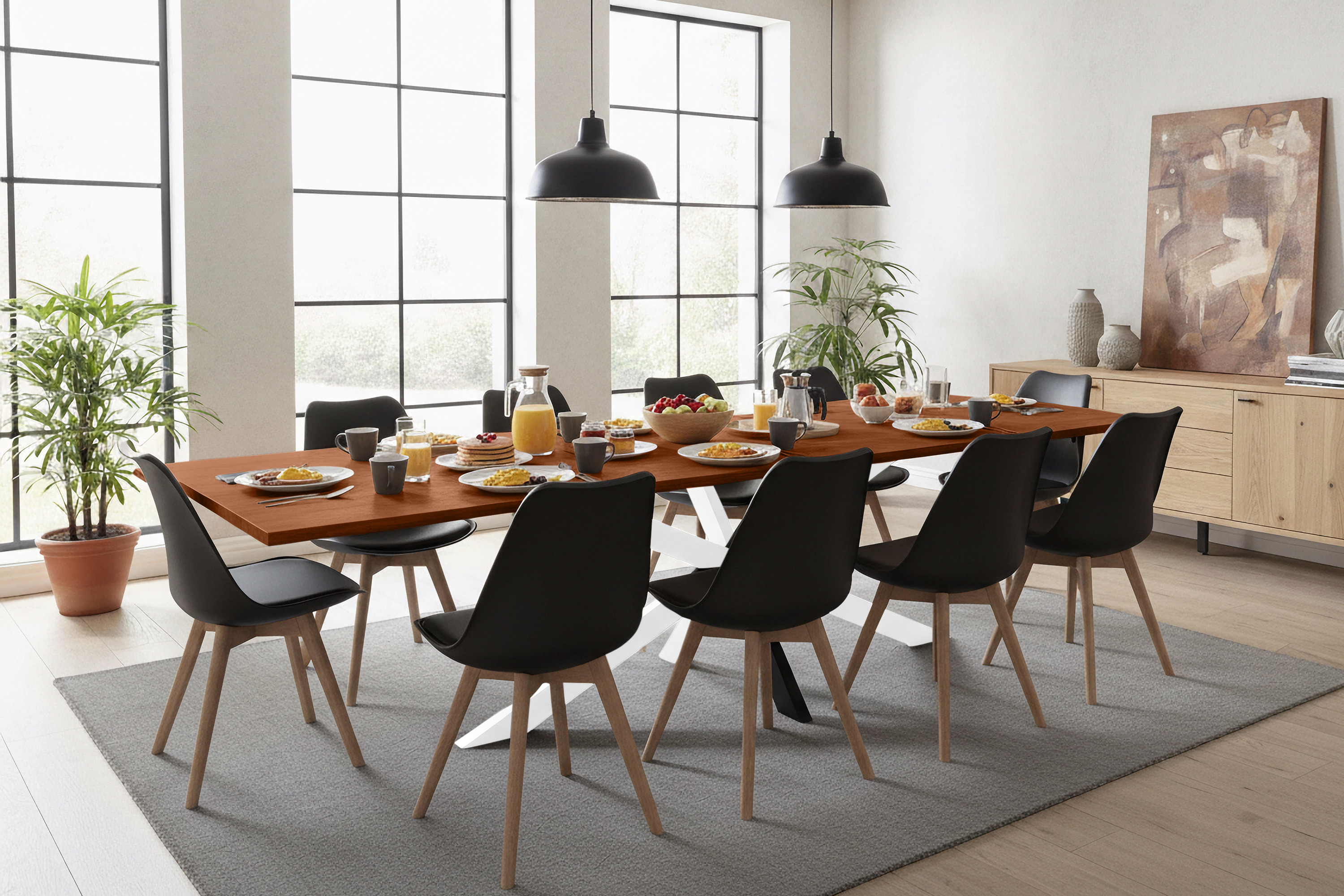 Esstisch Baumkante Akazie nuss 200(300)x100 Ansteckplatten Spider-Gestell weiß AVINO